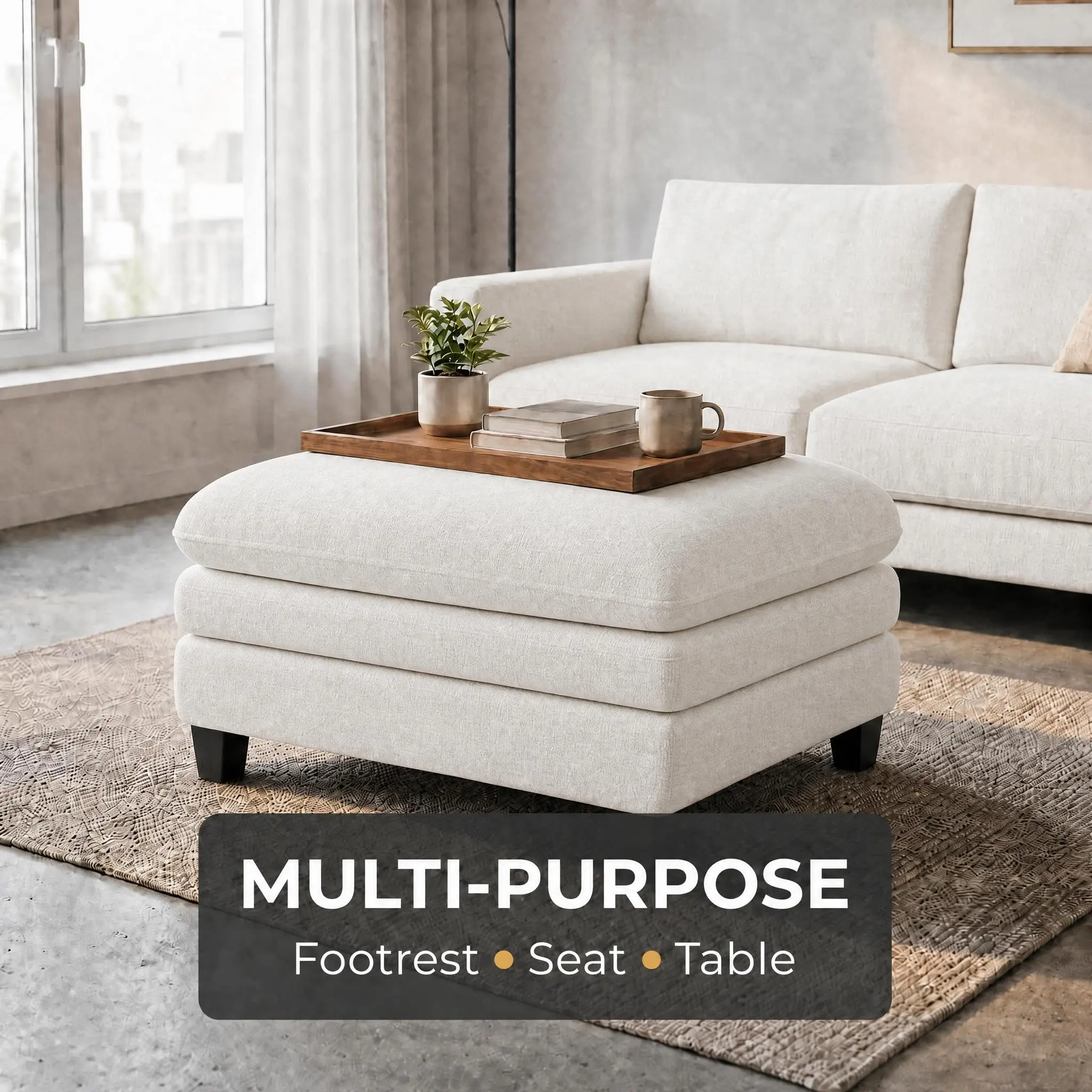 Garvee Rectangular 30.7in Chenille Modular Ottoman - Multi-Use Footrest & Extra Seat for Sectional Sofa, 300 lbs Weight Capacity Support