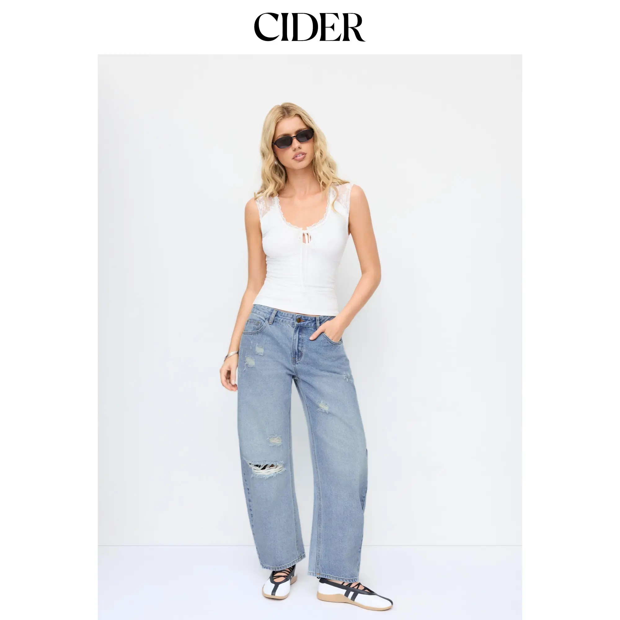 Cider Denim Low Rise Ripped Barrel-leg Cropped Oversized Jeans