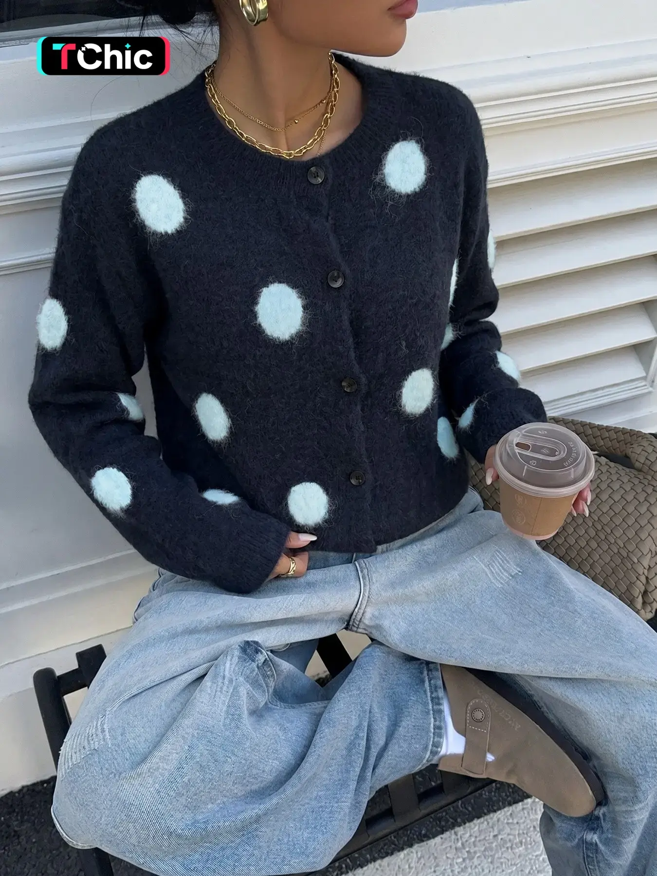 Women's Contrast Round Neck Polka Dot Single-Breasted Long Sleeve Soft Comfortable Fall/Winter Casual Fashion Versatile Loose Knit Cardigan – Navy Blue Polka Dot Daily Commute Lazy Style Knit Cardigan Coat