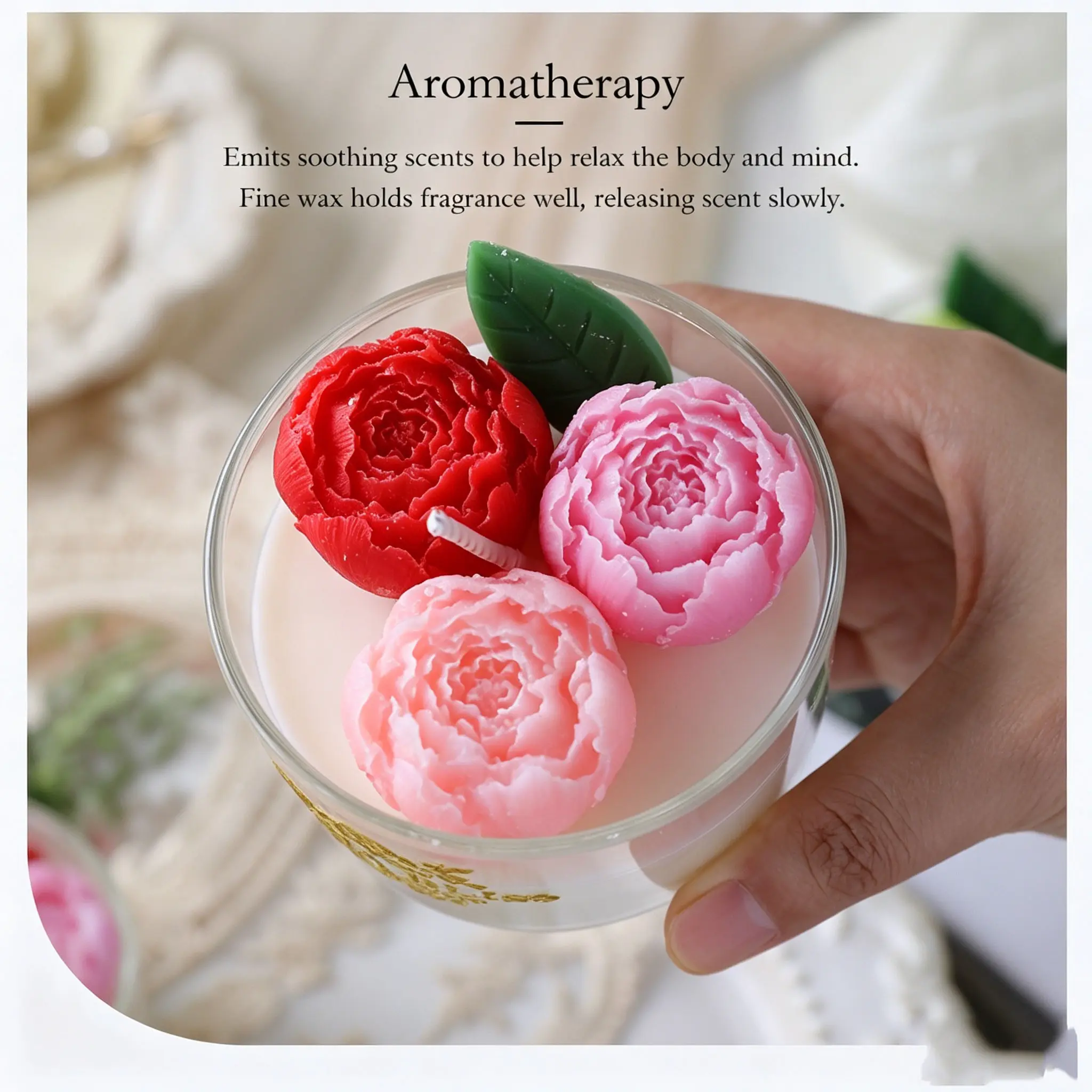 Rose Scented Calming Aroma Therapeutic Aromatherapy Candle, Soy Wax & Natural Essential Oils, Smoke-Free, 3D Floral Design, Glass Jar, Home Decor Gift