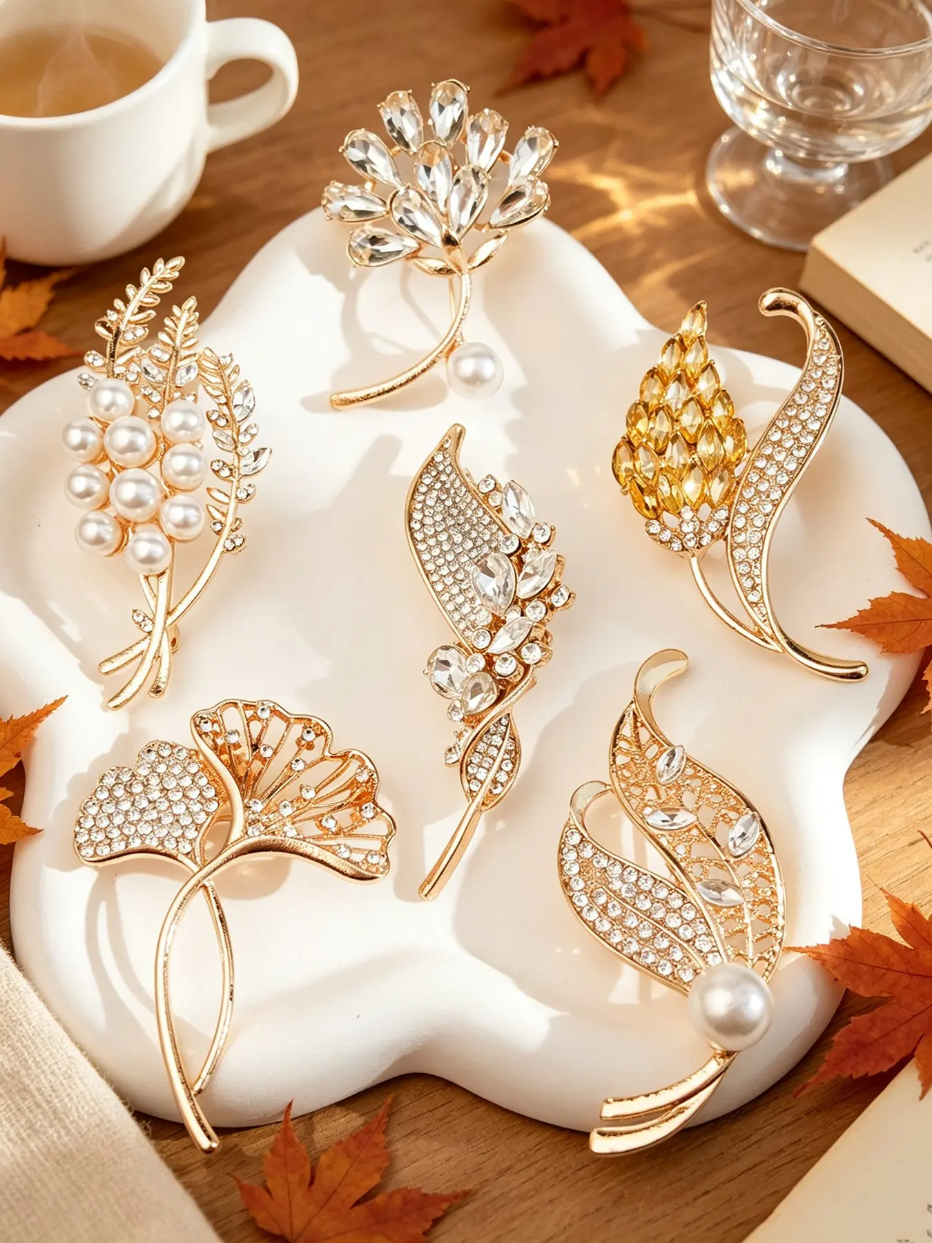 6pcs Gold Leaf Brooch Set, Vintage Crystal Pearl Pins, Elegant Autumn Jewelry for Women Office & Daily Wear