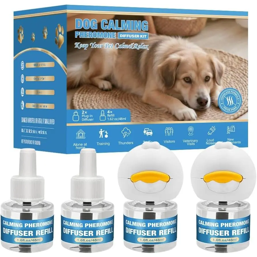 Dog Calming Diffuser Kit with Freshener - 2 Diffusers, 4 Refills, Anxiety & Stress Relief, Reduces Barking, Hyperactivity, Nervous Behavior, Long-Lasting Home Pet Healthcare Supply