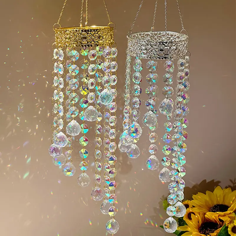 Vintage Crown Top Layered Tassels AB Crystal Mix Suncatcher Rainbow Maker, Hanging Crystal Prism Ornament, Window Curtain Pendant Decor for Home Wedding, 2-Color Gold Silver Frame Fashion Accessory Charm, Home Balcony