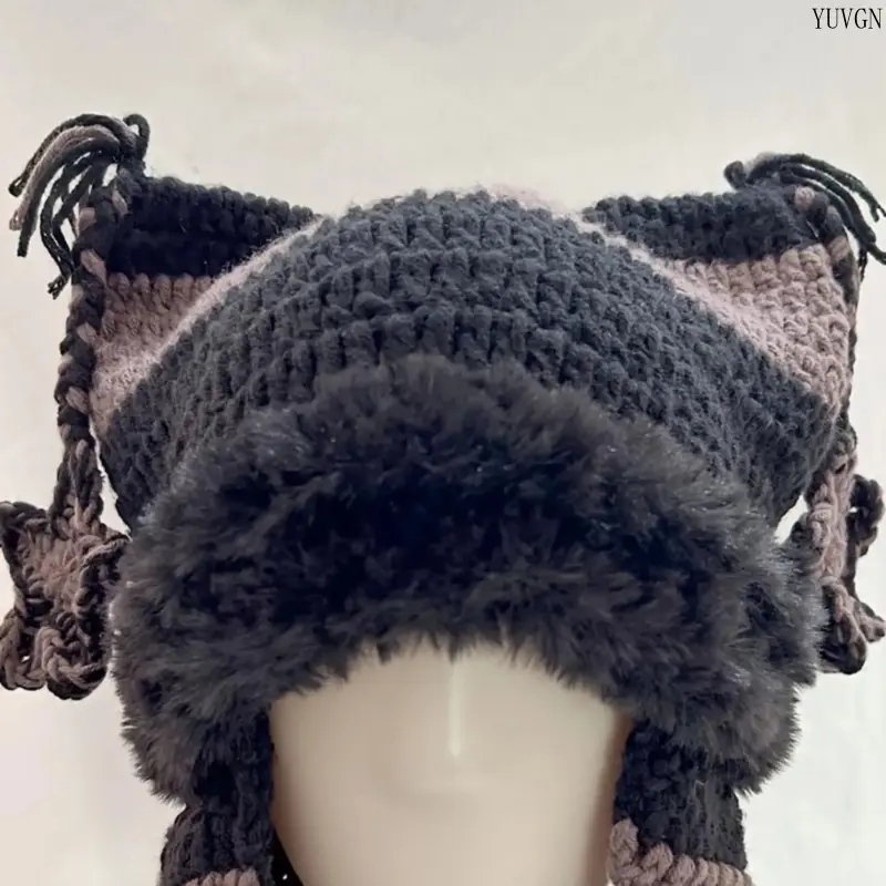 Red Black Jester Knit Earflap Hat, Plush Lined Clown Style Beanie, Tassel Star Decor Winter Warm Hat for Streetwear Halloween Costume