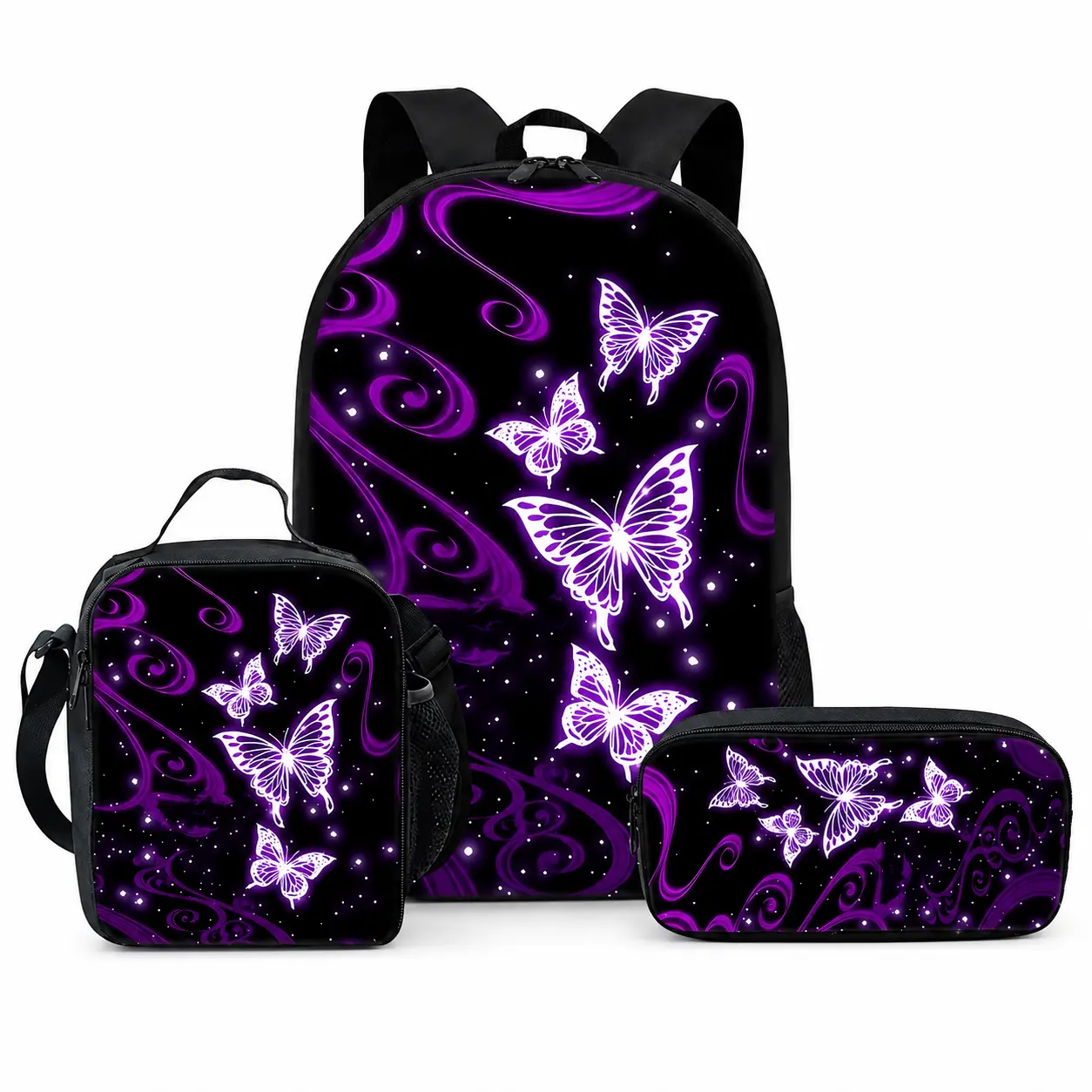 3PCS Backpack Set, Purple Butterfly Print School Backpack with Lunch Bag and Pencil Case, Black Galaxy Swirl Graphic Large Capacity Oxford Cloth Bookbag, Lightweight Travel Bag with Adjustable Shoulder Straps, Back to School Gift, Back To School Haul, Pre