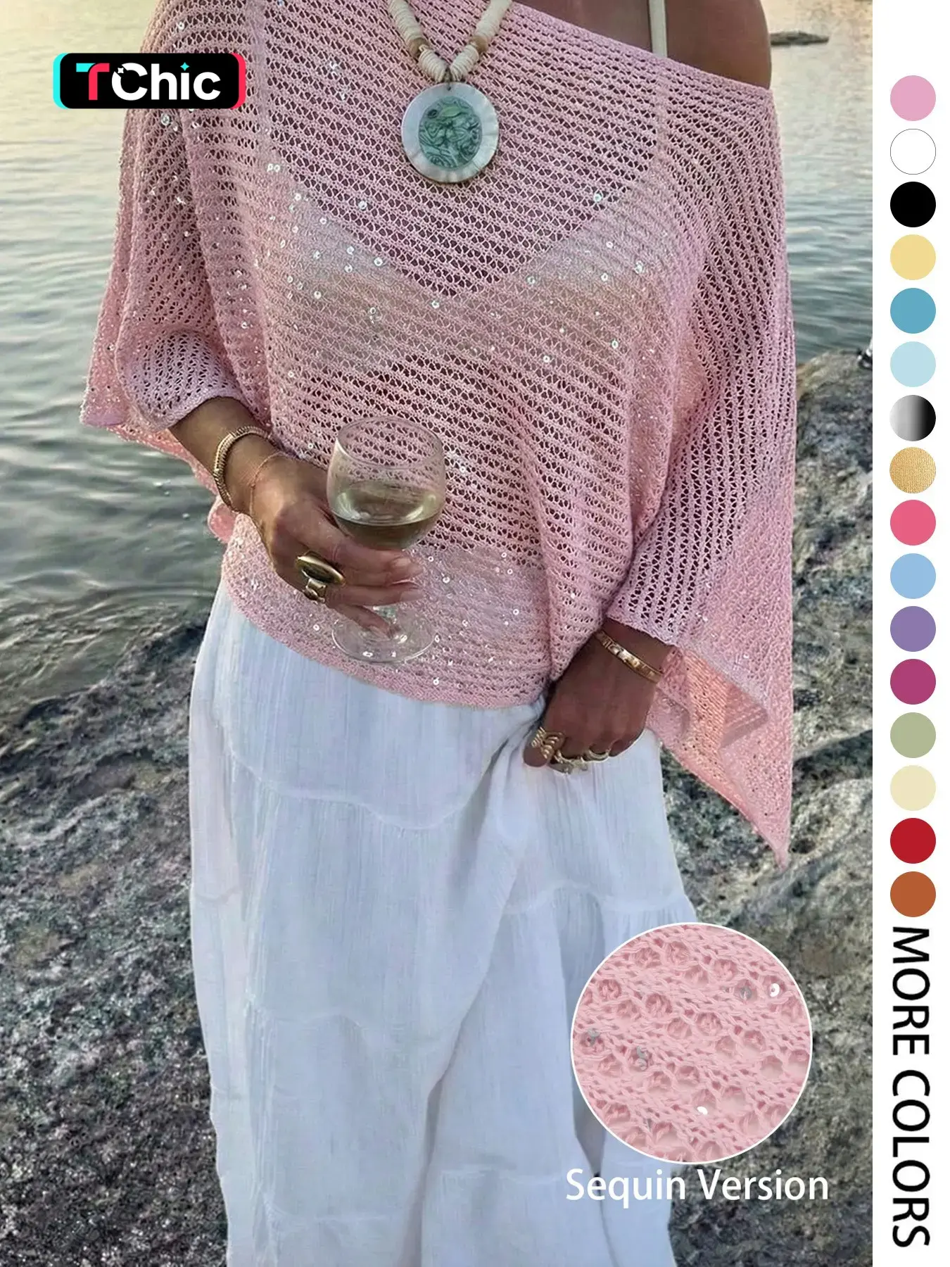 Elegant Women's Spring Summer Fashion Casual Knit Lace Top, Sequin Solid Semi-Transparent Loose-Fitting Pullover, Sleeveless Cape