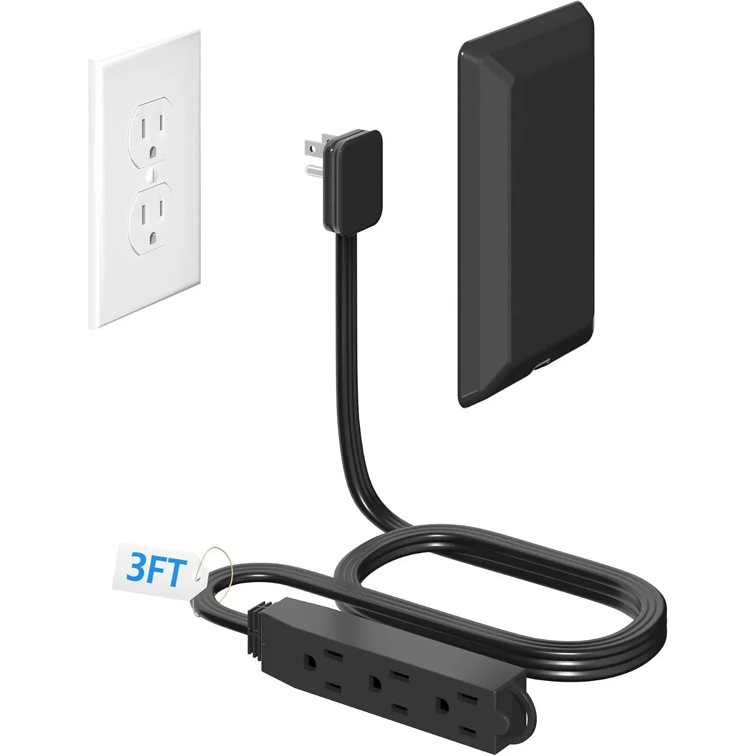 3FT Flat Plug Extension Cord wit Ultra Tin Outlet Concealer wit Cord Concealer Kit,3 Outlet Power Strip, Size for ome,Bedroom,Kitcen,Batroom,Office,ETL Listed,Black