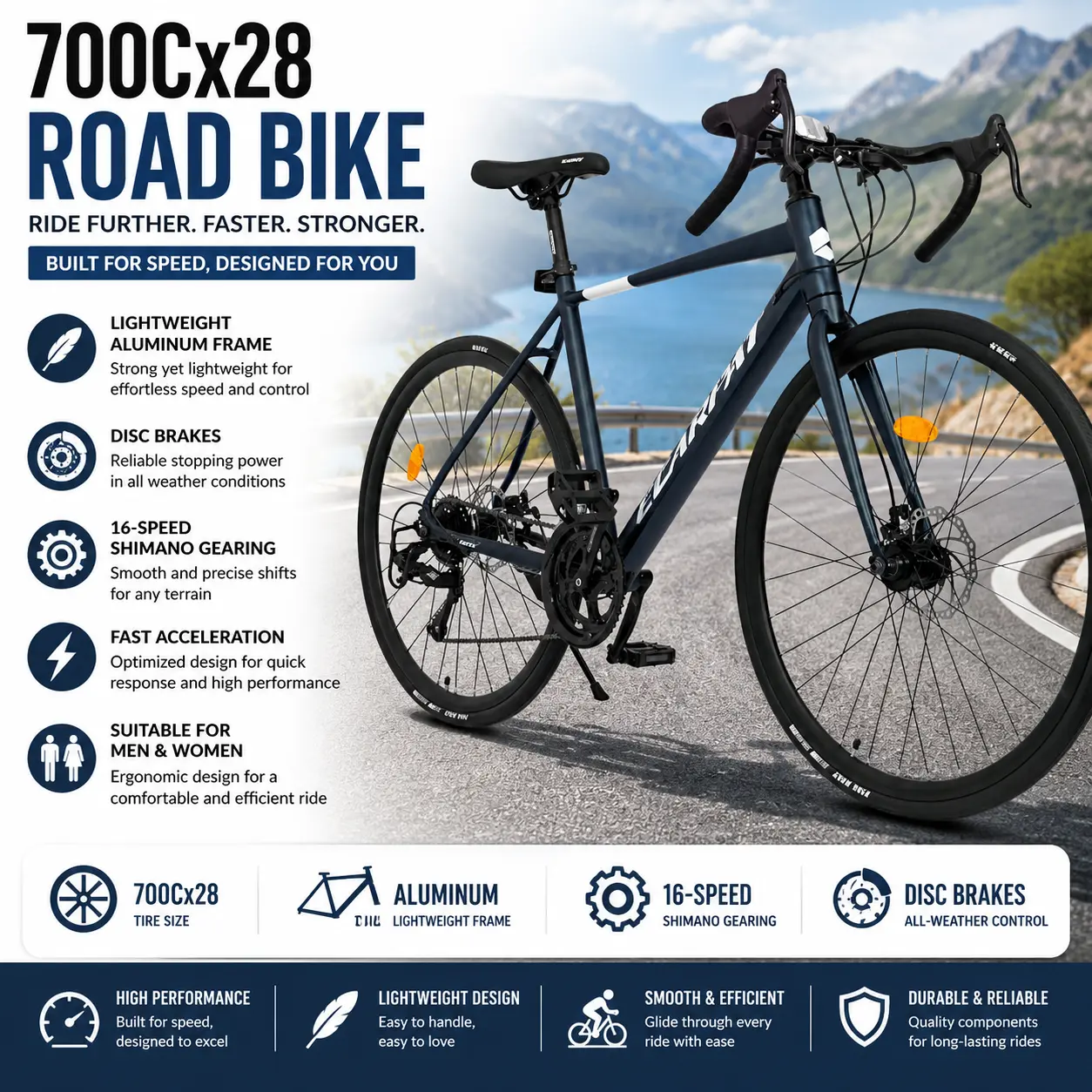 700C Adult Road Bike Lightweight Aluminum Frame Disc Brakes 16 Speed Fast Acceleration 700Cx28 Tires For Men Women Urban City Commuter Racing High Intensity Fitness Summer Workout Essentials Aesthetic Outdoor Sports Gear