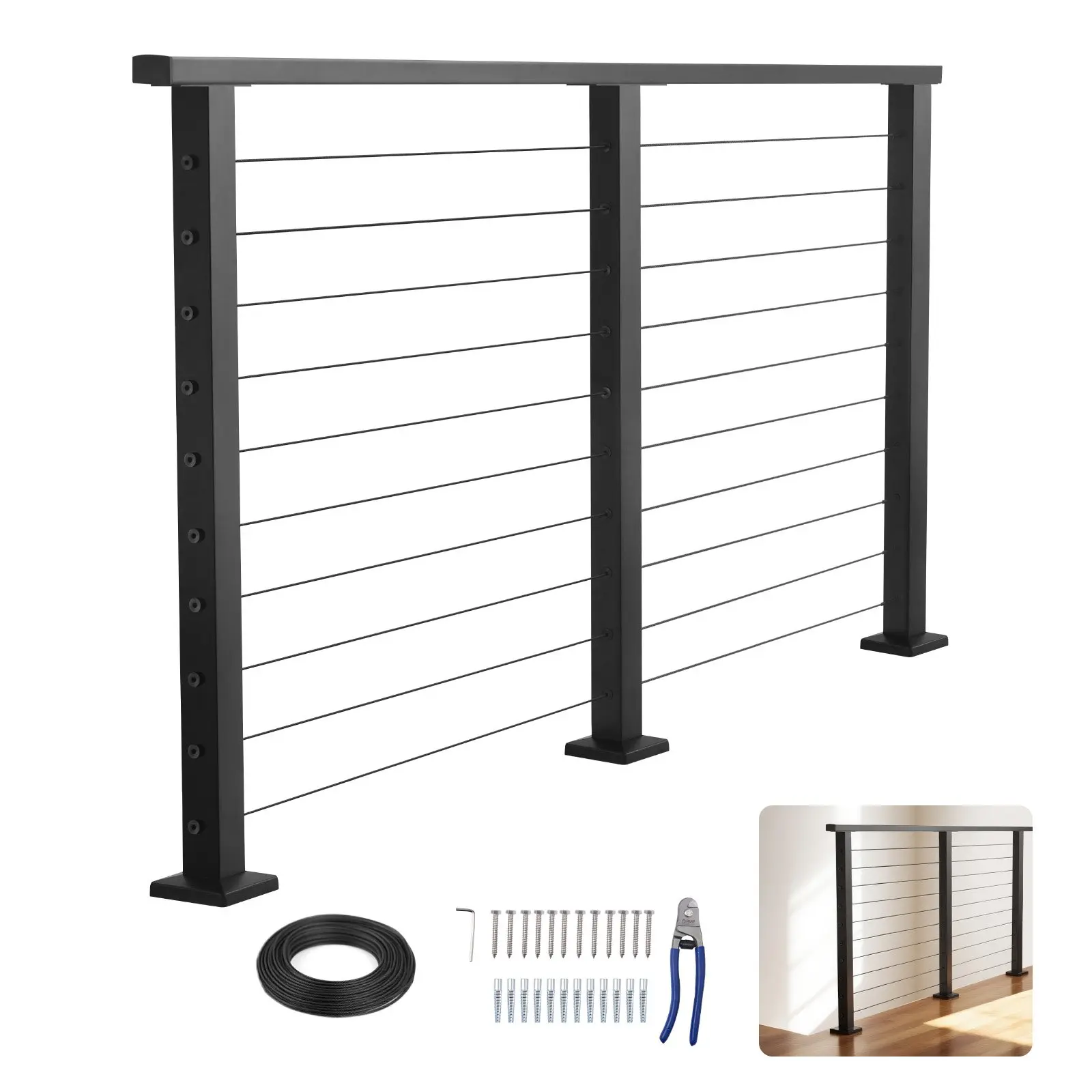 VEVOR Metal Complete Cable Railing Kit with 3 Posts, 6.5 ft (78 x 4.3 x 36.1 inch) Cuttable Matte Black Stainless Steel Handrail, 36 inch Tall Hole-Drilled System for Stairs, Deck (Customizable Design), Outdoor