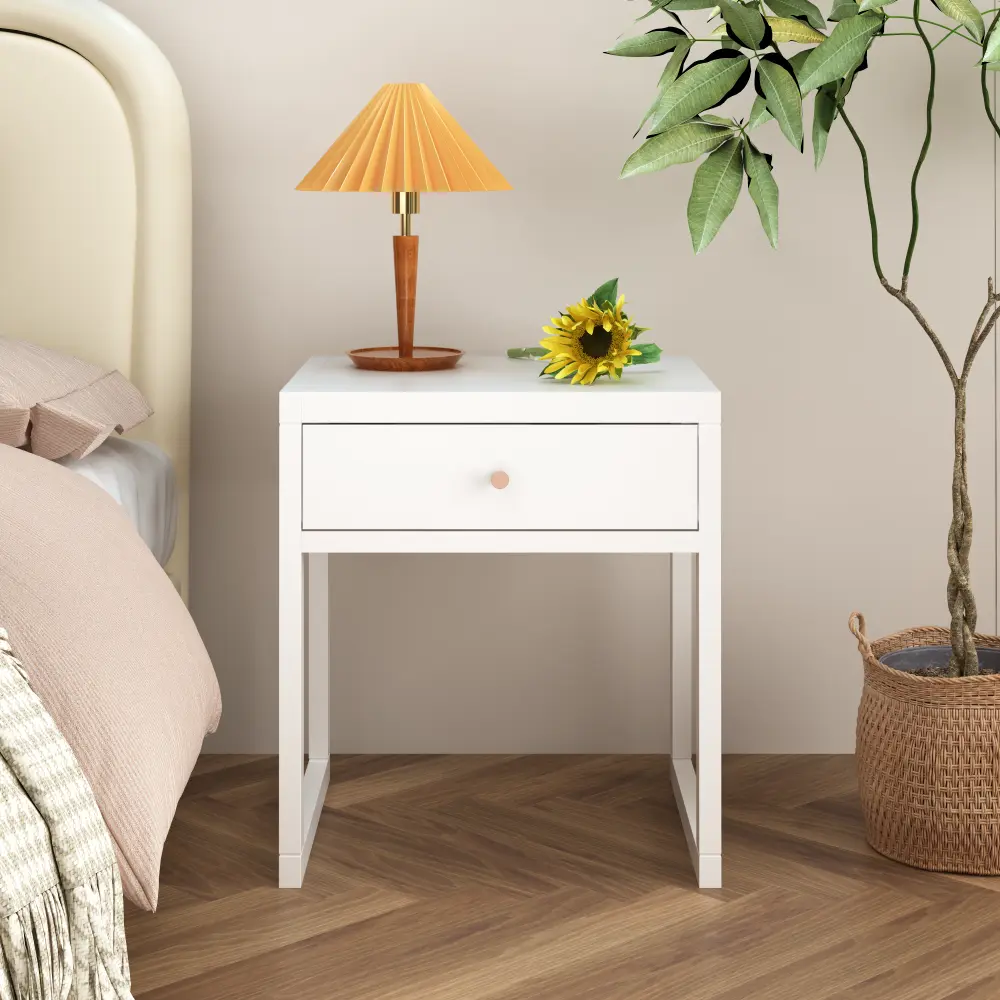 Modern White Nightstand with Drawer, Minimalist Bedside Table with Wood Knob, Small End Table for Bedroom, Living Room & Apartment, Compact Storage Cabinet for Small Spaces, Contemporary Accent Table, Wooden Side Table, Easy Assembly Furniture for Home De