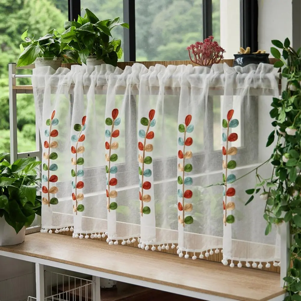 Premium Embroidered Half Curtain, Double-Layer Solid Color Design, Ready-Made Drape Used as Cabinet Cover, Window Curtain, Room Divider and Café Curtain