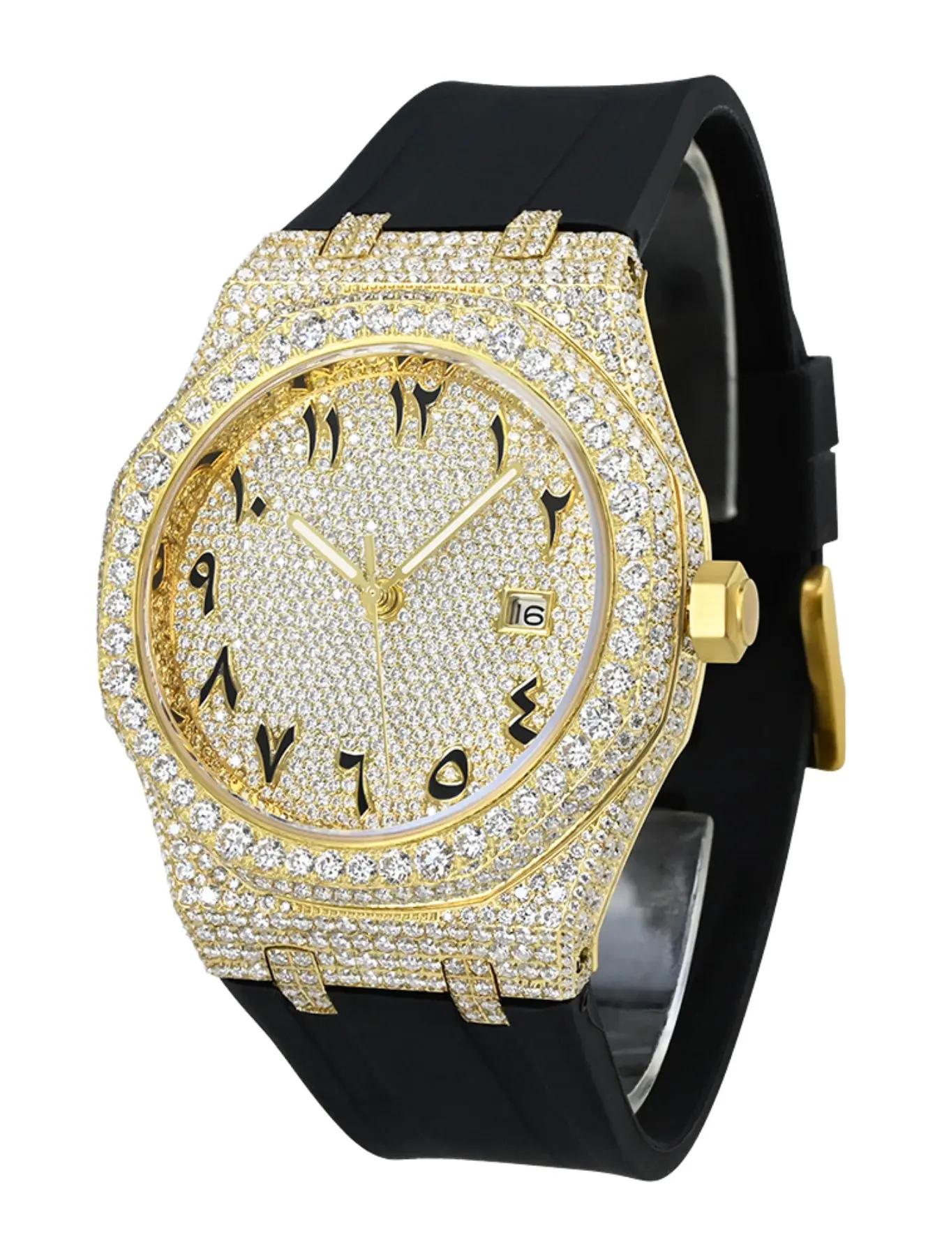 Arabic Digital Face Moissanite Automatic Mechanical Watch, Luxury Fashion Silicone Strap, Diamond-Encrusted Wristwatch