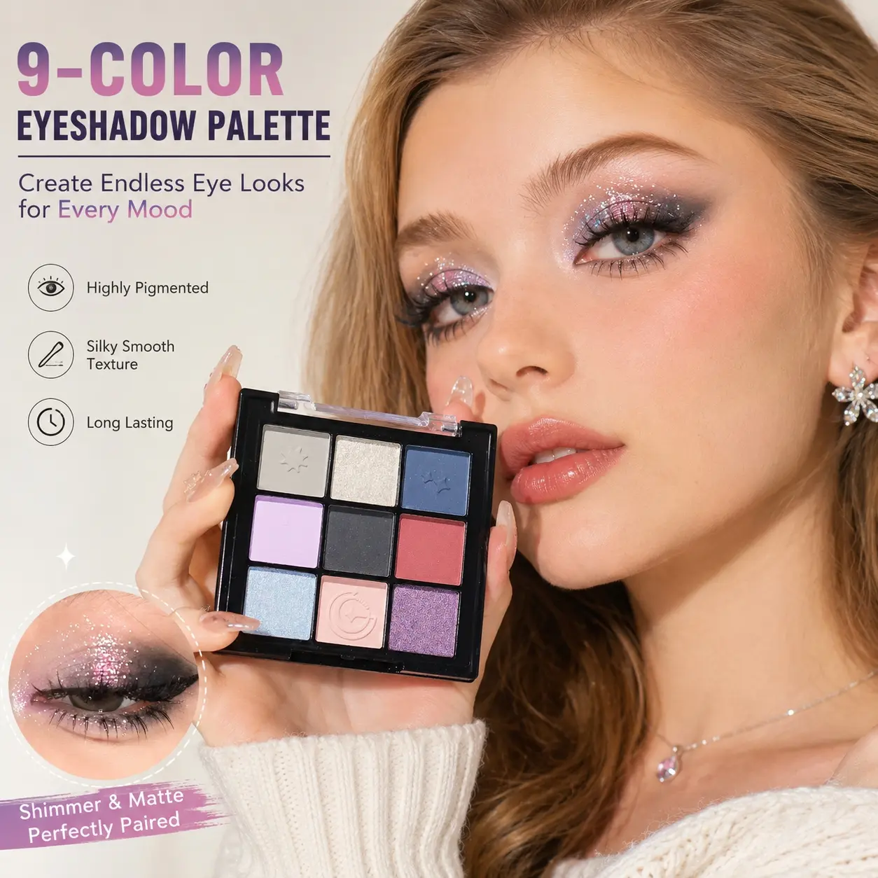 JUJU DREAM Cool Lavender Blue Grey Eyeshadow Palette, Mixed Multi-texture Matte Base, Fine Metallic Shimmer & Iridescent Holographic Glitter Shades, Unique celestial embossed powder pans with ultra-smooth blendable low-flyaway formula for Y2K cyber