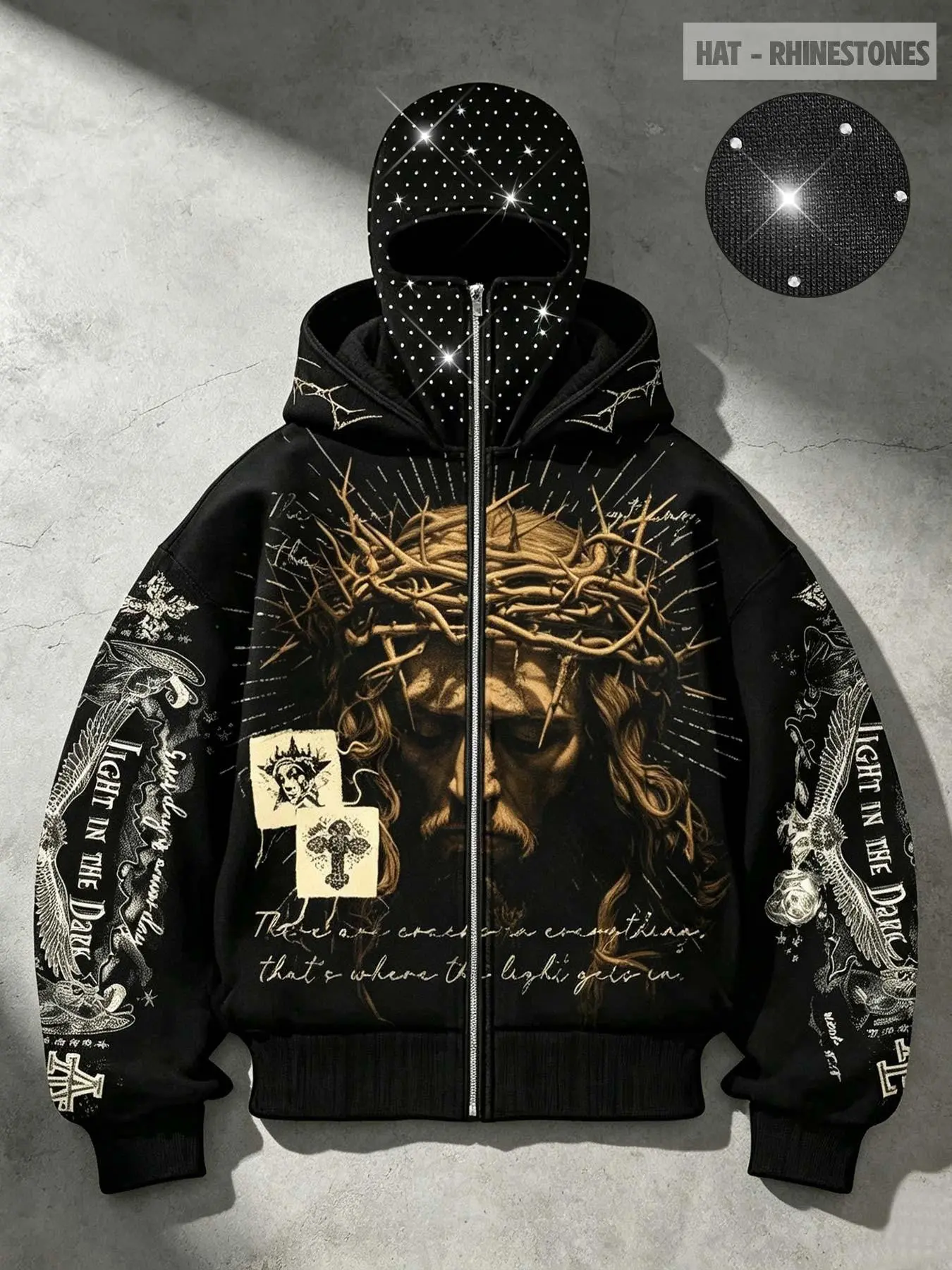 Y2K Subculture Retro Religious Thorns Jesus Portrait Print Hooded Cardigan Jacket for Men, Heavy-Duty Rhinestone Integrated Face Mask, Double-Layer Hooded Sweatshirt, Trendy High Street Unisex Jacket