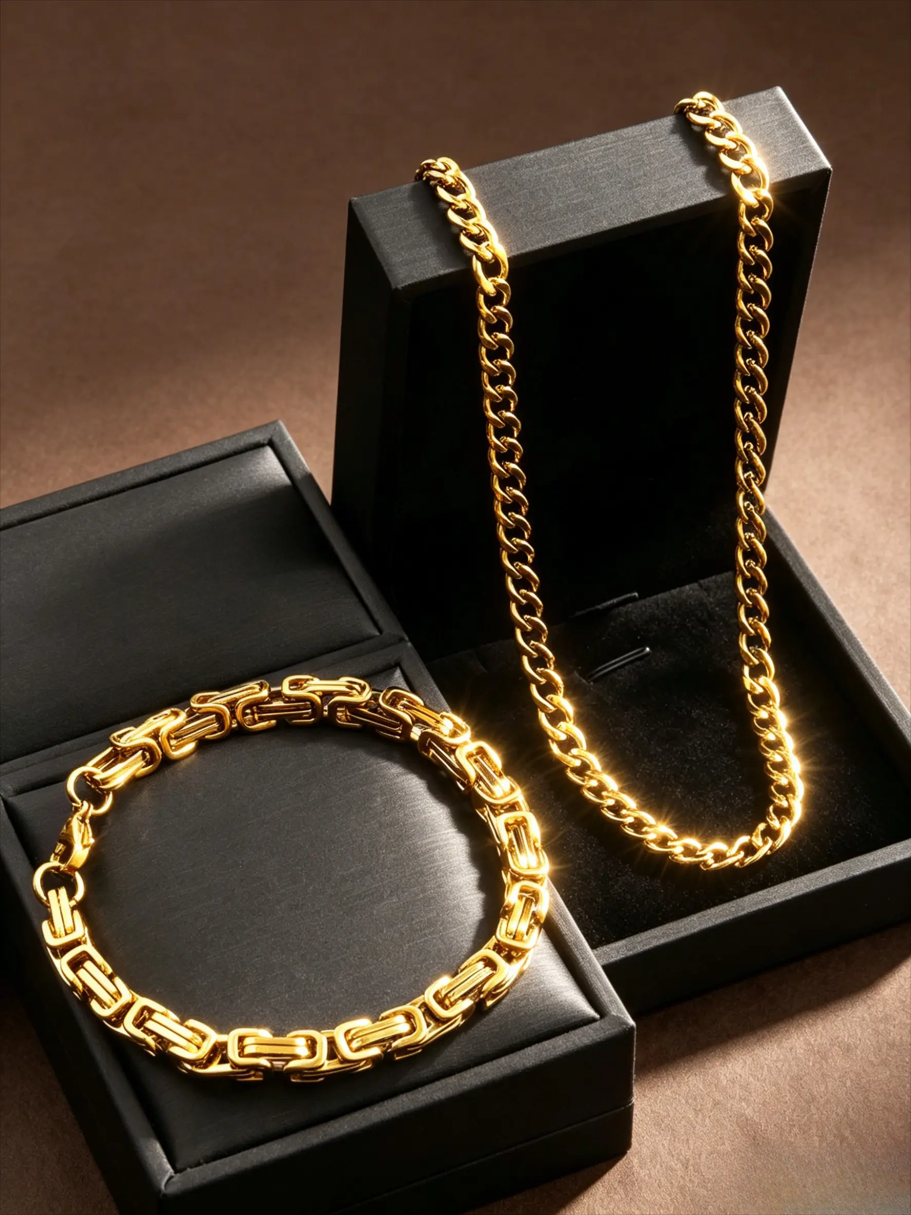 2Pcs Matching Chain Jewelry Set, 2 Tones 18K Gold Tone Silver Stainless Steel Byzantine Link Necklace Bracelet Set, Hypoallergenic Tarnish Free Unisex Vintage Hip Hop Stack Jewellery Gift Set For Men Women