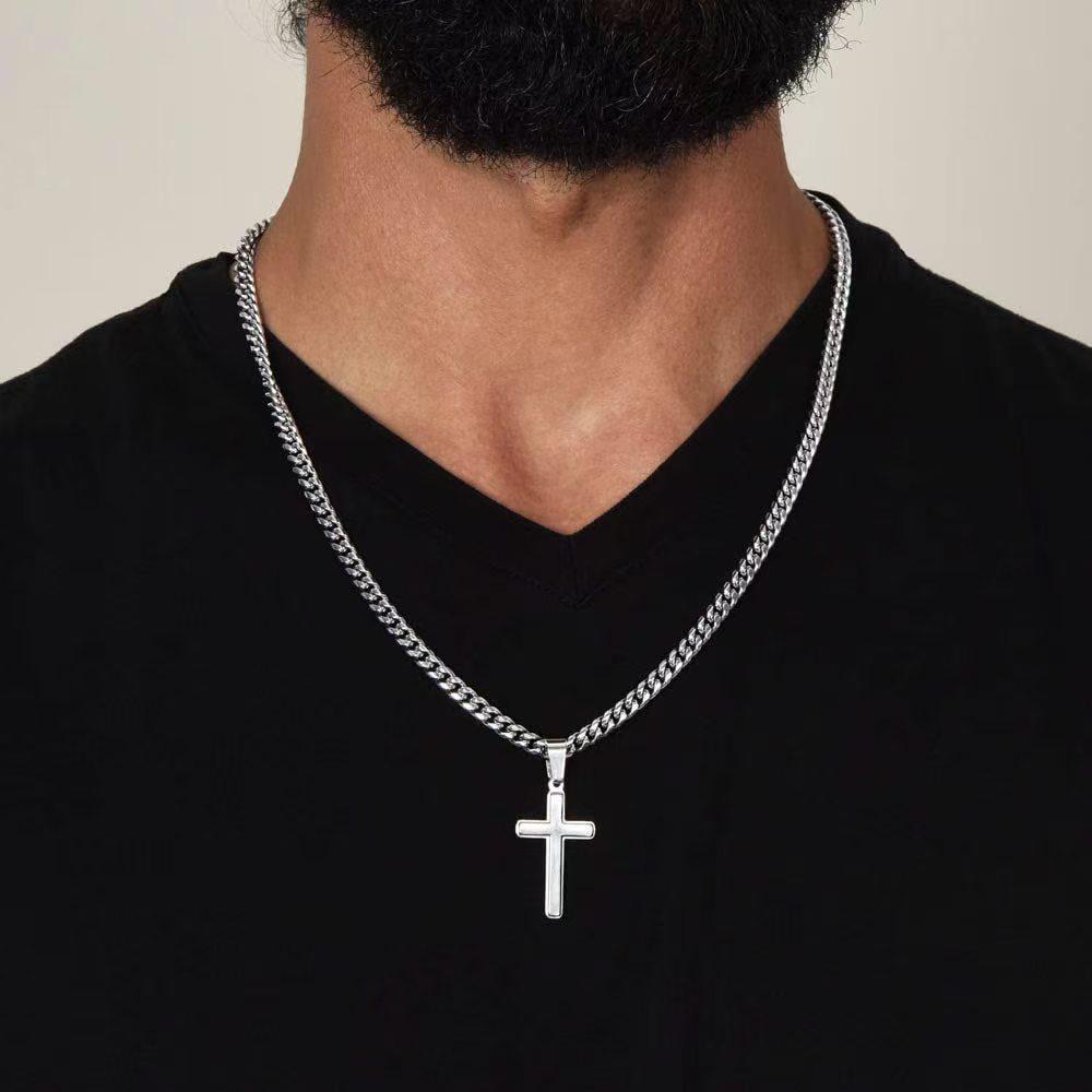 Cross pendant link chain necklace, suitable for both men and women, made with stainless steel gold and silver accessories, hip hop fashion jewelry, trendy and stylish accessories Valentine’s Day gift.haha initial key unisex lock Natural Jade Ring durable
