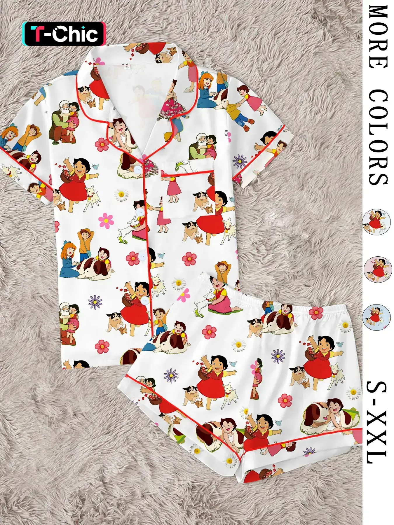 Cute Cartoon Pajama Set, Heidi & Puppy Print, Soft Short-Sleeve Button-Up Top and Shorts, High-Quality 2-Piece Fun Sleepwear