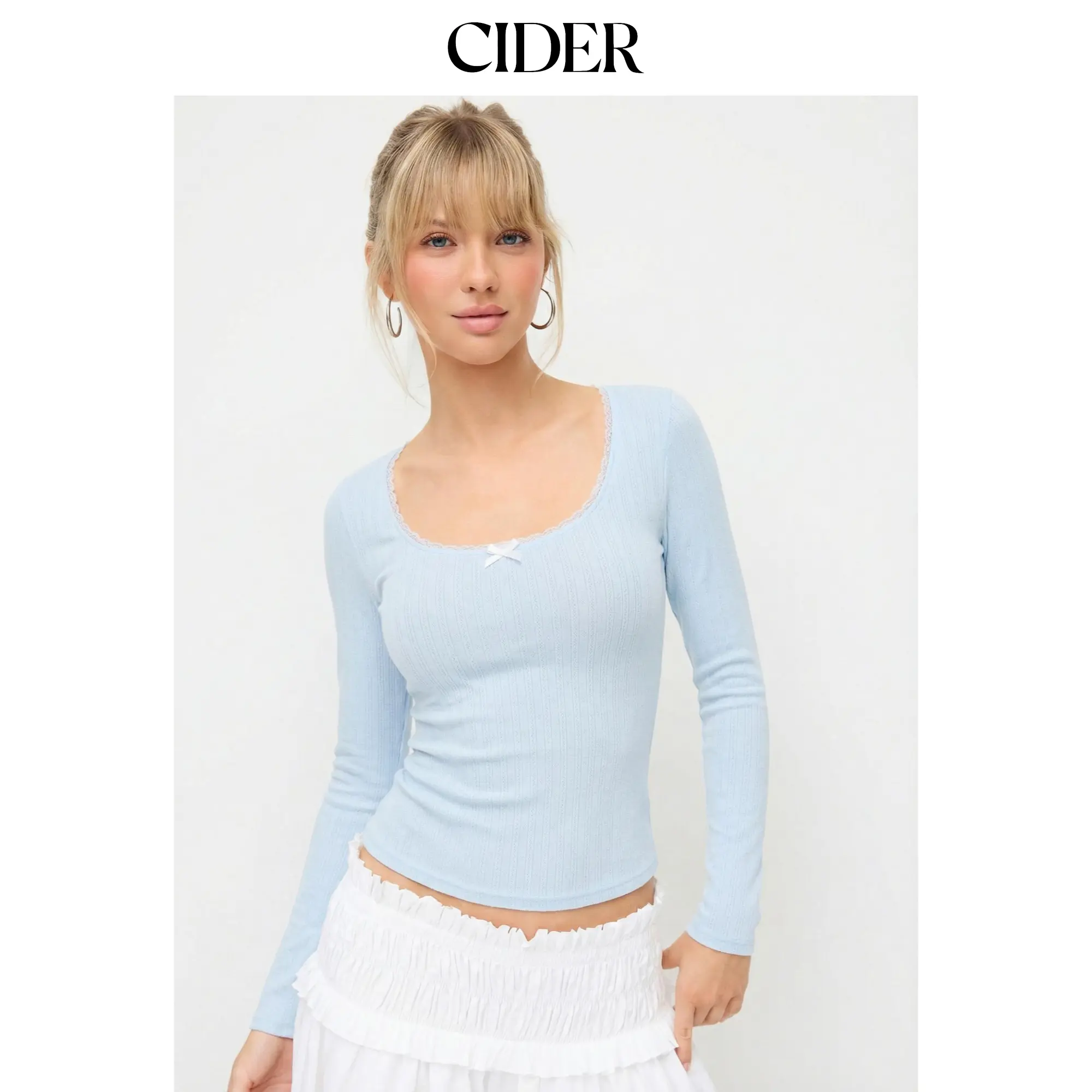 Cider Pointelle U-neckline Bowknot Lace Tee SohoChic