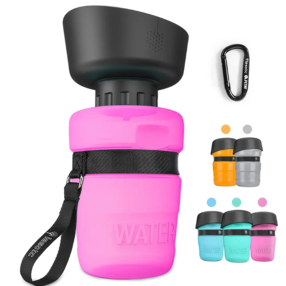 18oz Polyethylene Pet Water Bottle, Leak-Proof with Integrated Water Tube, Hand Strap & Collapsible Bowl, Portable Outing Essential (No Battery)