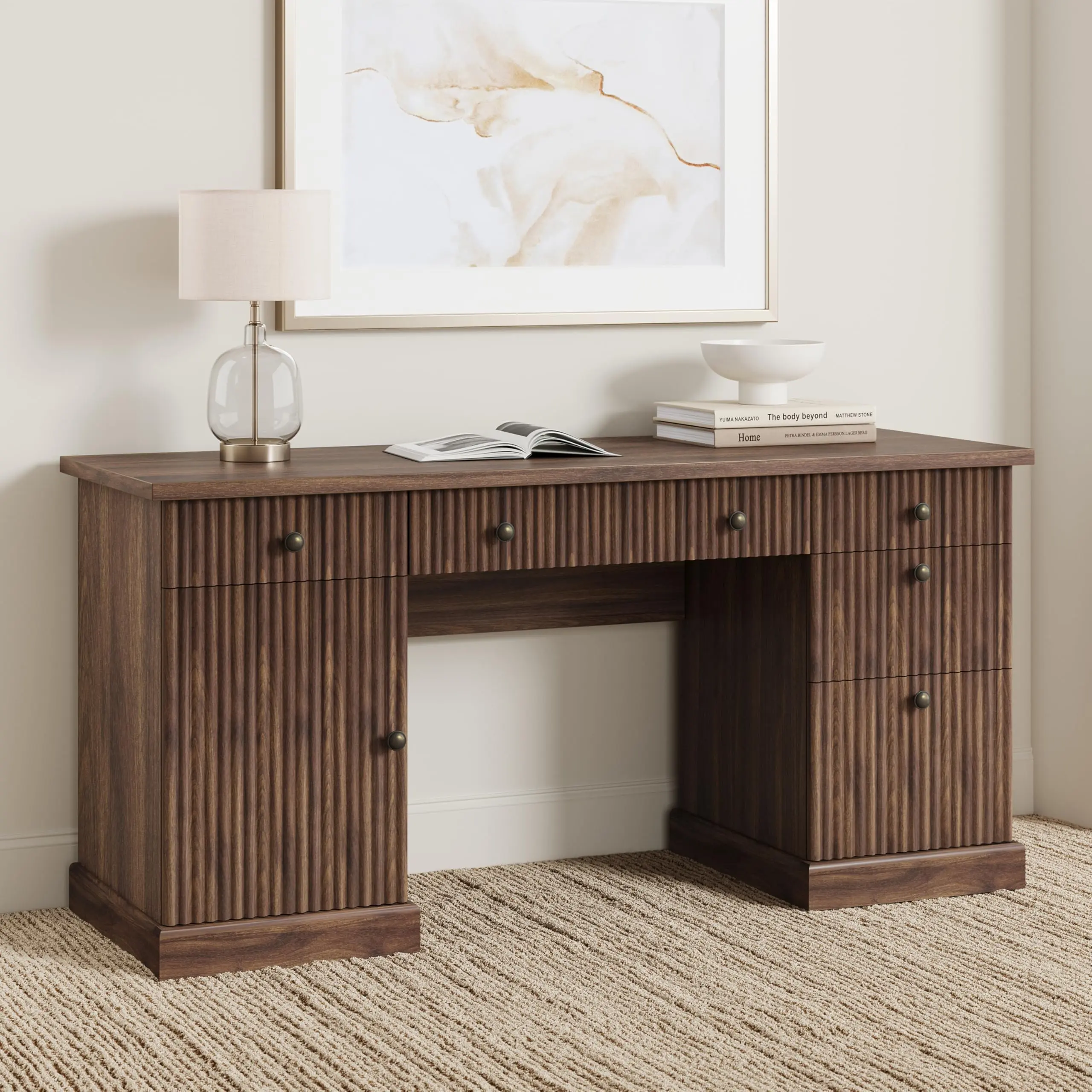 [Two packages]Modern Fluted Executive Office Desk – 60" Wooden Computer Table with File Drawers, Integrated Charging Station, Ample Storage – Ideal for Study Room, Small Spaces