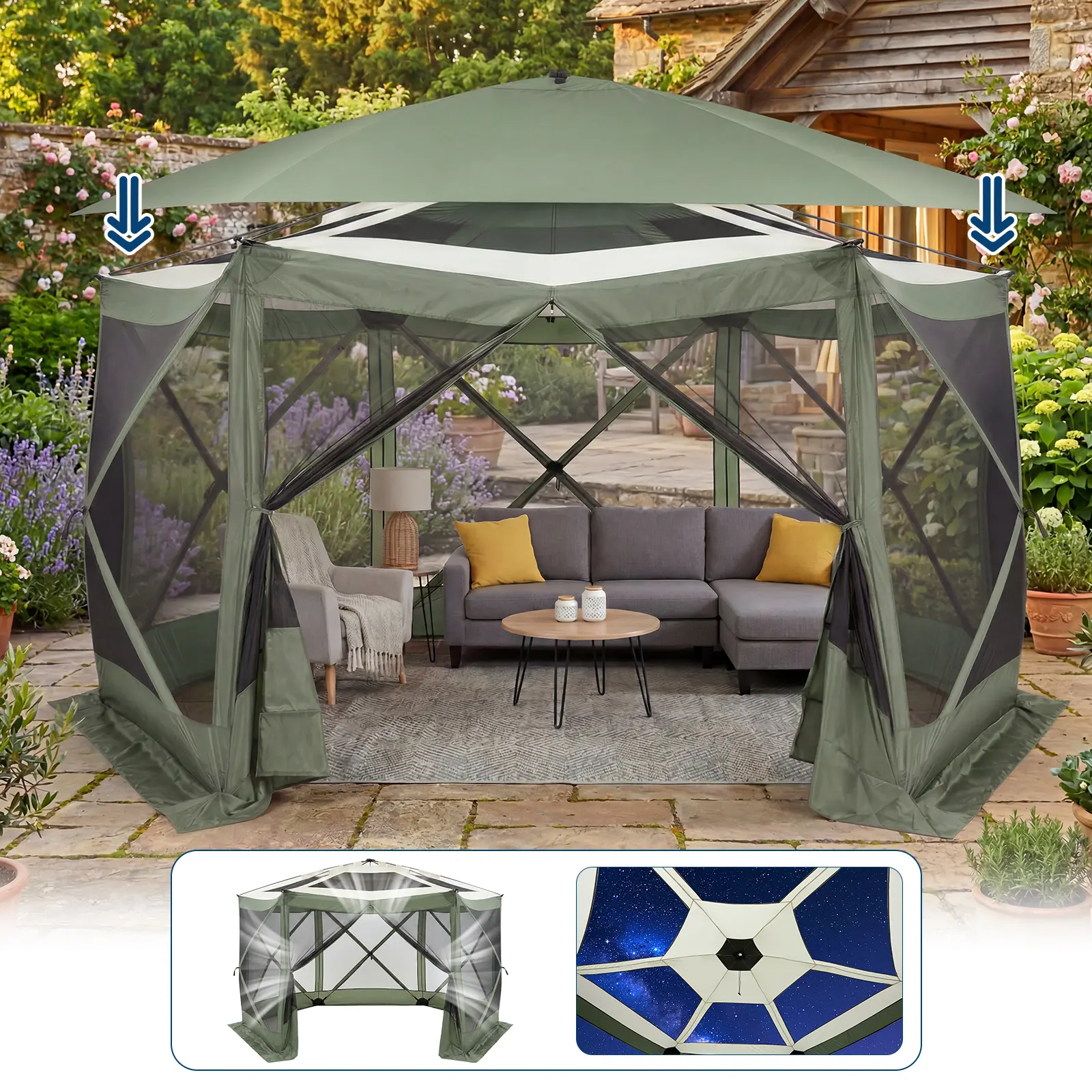 13x13FT Pop Up Collapsible Gazebo Tent – Quick Canopy, 6-Sided Removable Wind Panels, Bite-Proof Mesh, Carry Bag, Sun Shelter for 8-10 – Green+Light Grey/Beige+Khaki, Camping Essentials