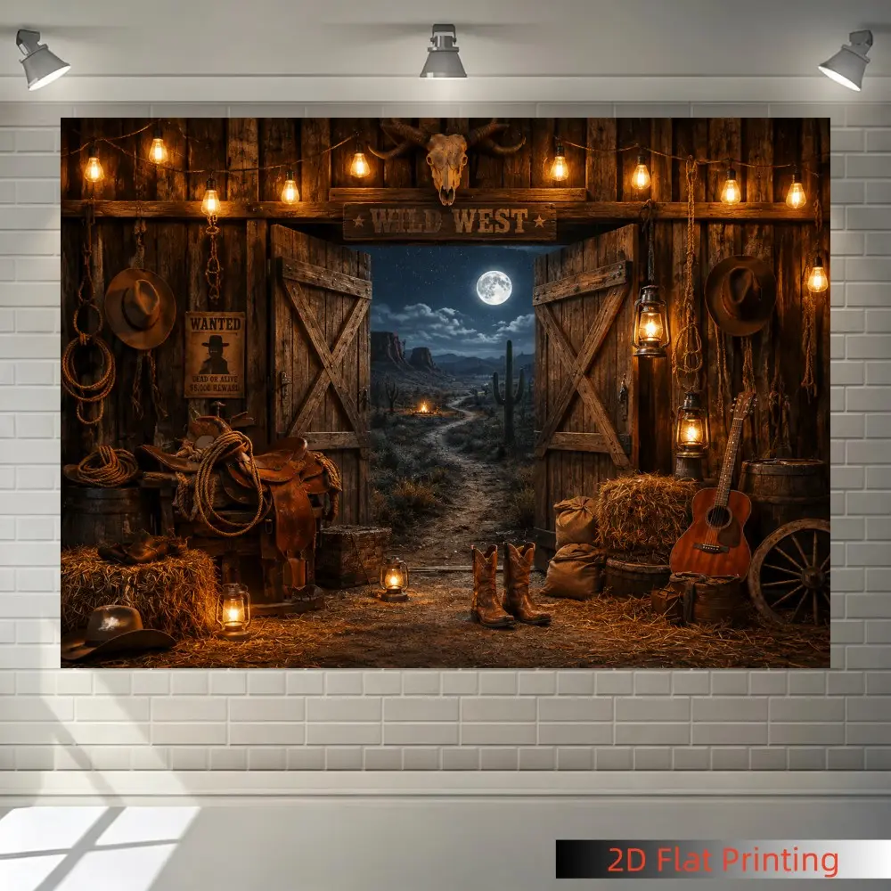 1PC 2D Flat Wild West Cowboy Barn Night Backdrop, Retro Wooden House Desert Full Moon Party Photo Decor, for Bedroom, Art Wall, Home Decor, Garden Outdoor, Polyester, Indoor and Outdoor, Photo Shoot Backdrops