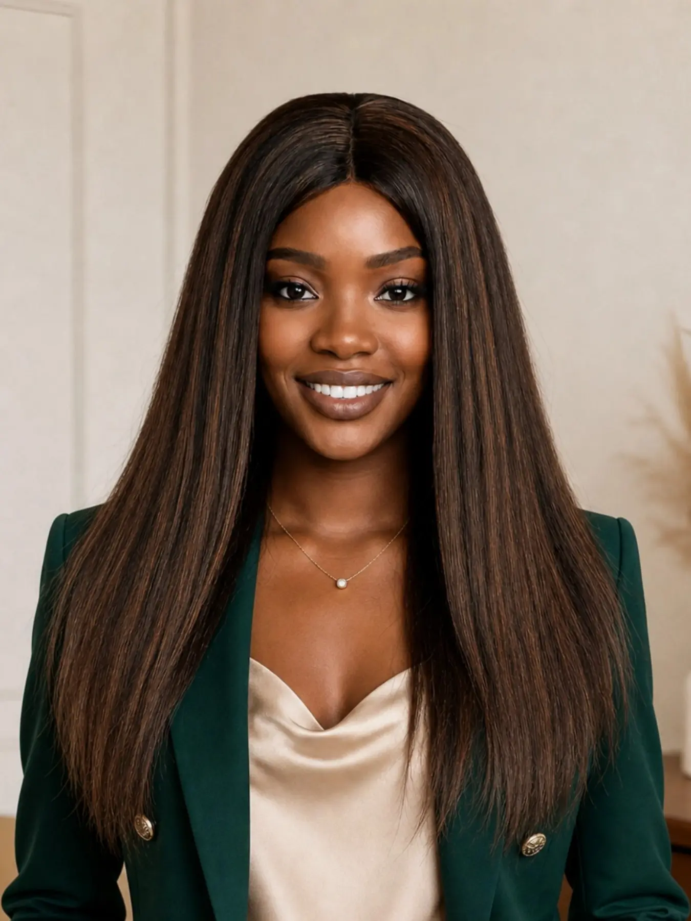 Kinky Straight Wig for Women, 16 Inch Yaki Synthetic Wig, Soft Fluffy Highlight, Heat Resistant, Natural Look, Middle Part