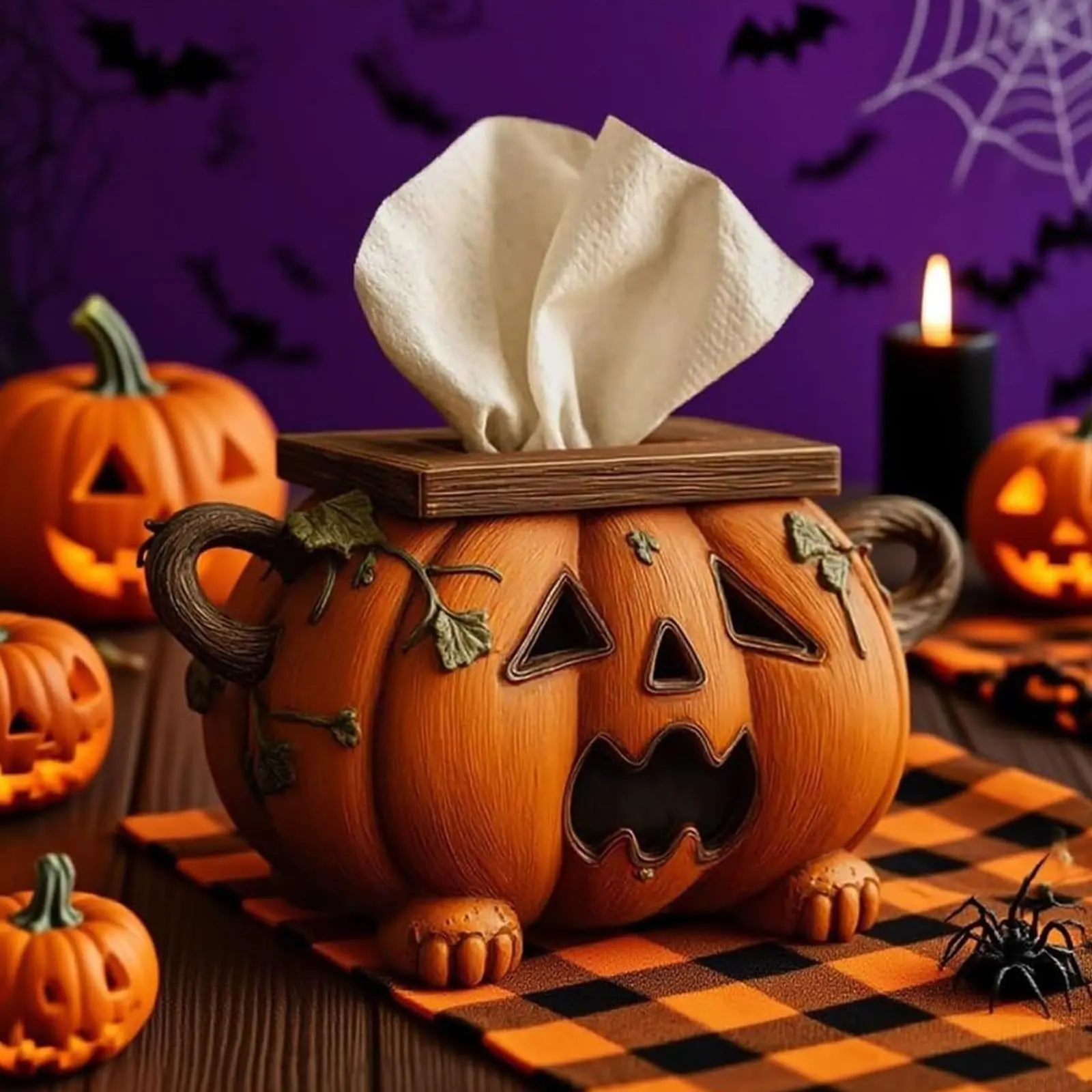 Halloween Pumpkin Napkin Holder Resin Ornament, Ghost Face Pumpkin Napkin Box, Atmosphere Desk Home Party Halloween Decoration
