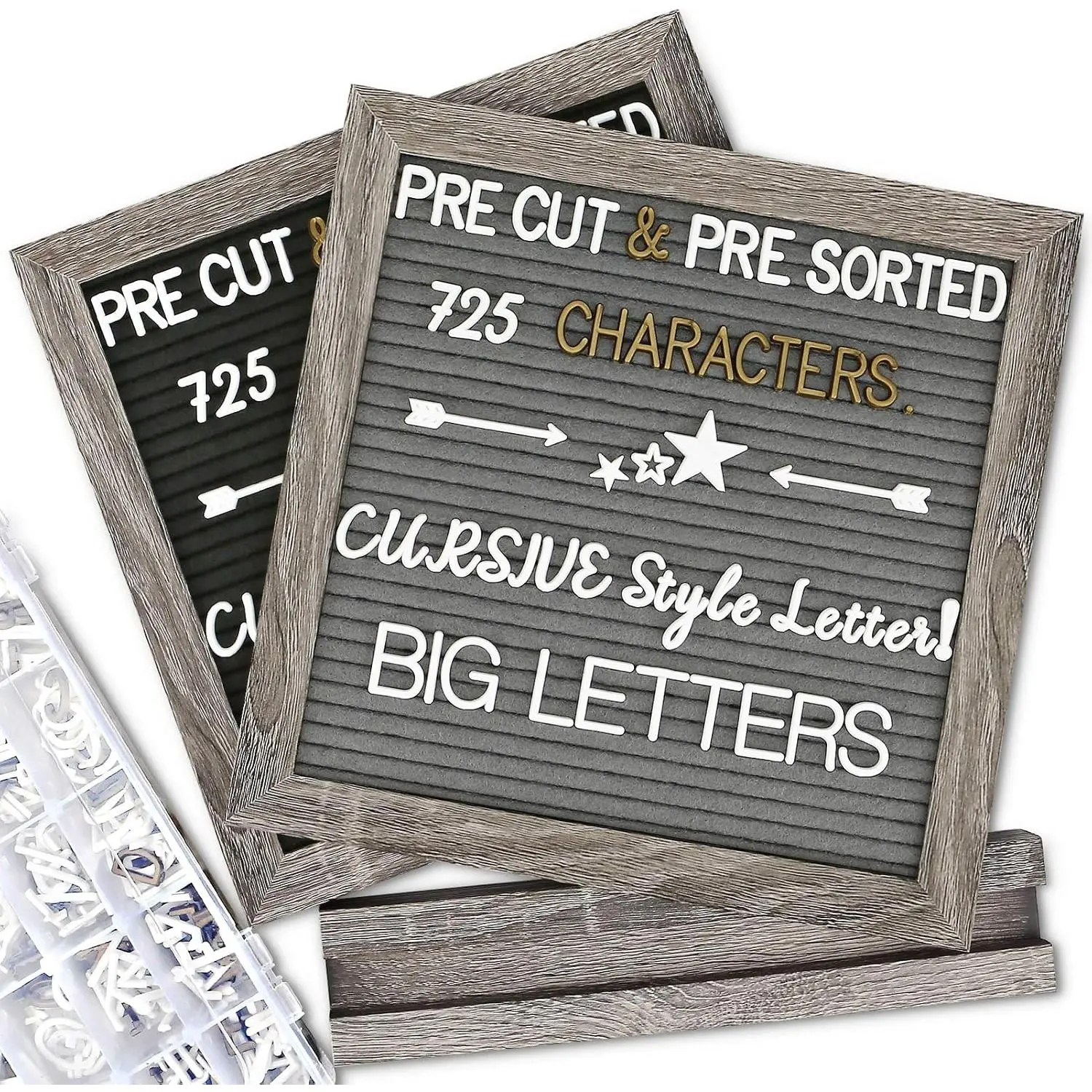 Double Sided Felt Letter Board with Letters - Pre Cut & Sorted 725 letters with Stand, Cursive Style Letters, Big Letters, Plastic Organizer, Tabletop Display, Rustic  Wall Decor