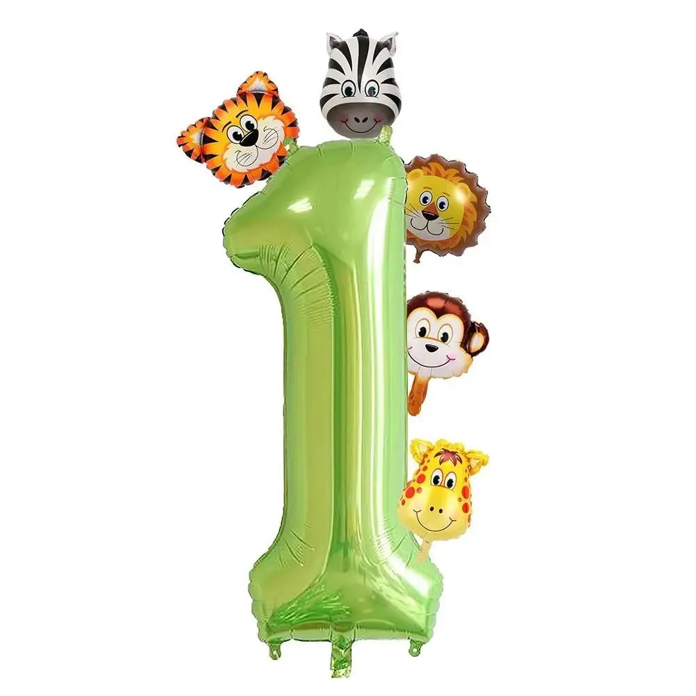 7pcs 32-Inch Green Rubber Number & Mini Jungle Animals Balloon Set, Tiger Lion Giraffe Monkey Zebra Decorations for Kids Party Birthday Home Garden Decor, Number 9