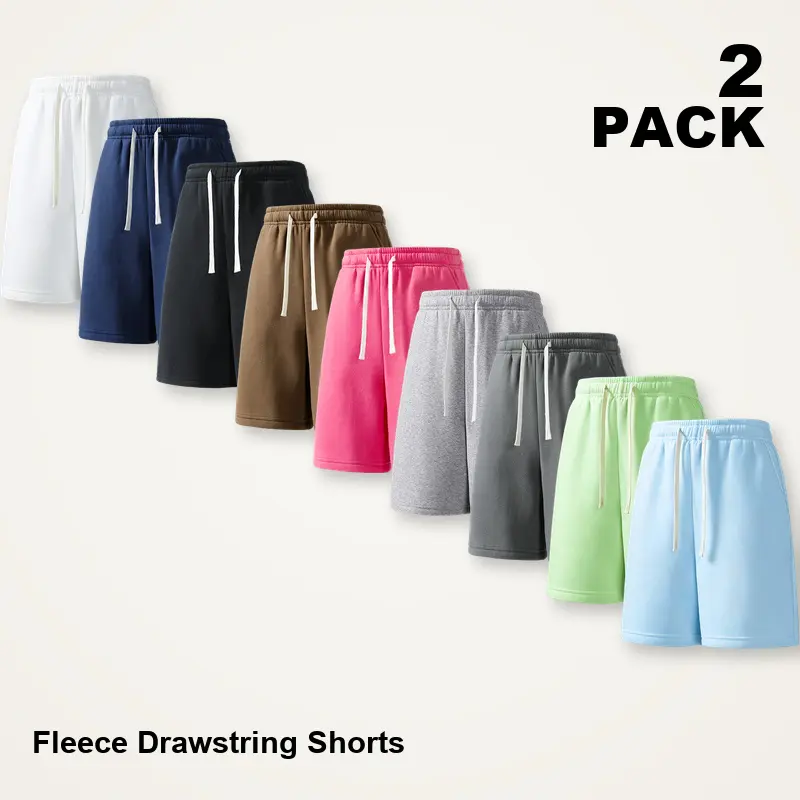 Men's 2-Pack Regular Plain Fleece Drawstring Shorts Set, Loose Relaxed Fit Mid-Thigh Casual Shorts with Elastic Waist, Side Pockets, Sizes XXS-XXXXL, Summer Daily Menswear, Assortment 02, Wash Separately