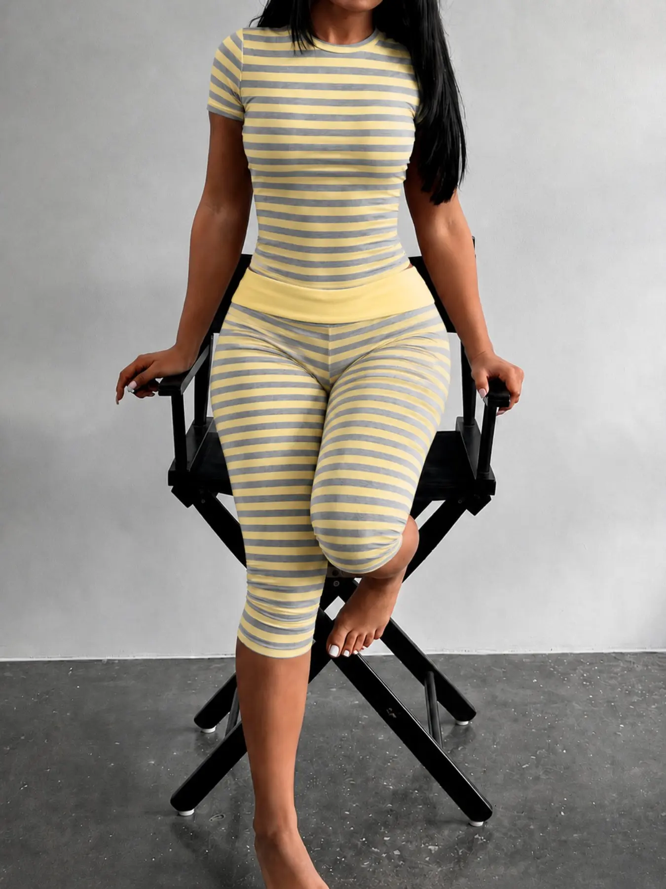 Yellow Grey Striped Two Piece Loungewear Set Crew Neck Short Sleeve Slim Crop Top High Waist Capri Leggings Stretch Fitted Matching Outfit ideal for home relaxation gym training grocery runs and casual everyday all season comfy outfits Casual Lounge Sets