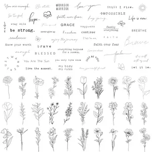Realistic Temporary Tattoos - 60 Sheets Tiny Small Removable Tattoos, 30 Pcs Inspirational Quotes Words Tattoos, 30 Pcs Wild Flower Ink Line Botanical Floral Leaf Tattoo Stickers for Women