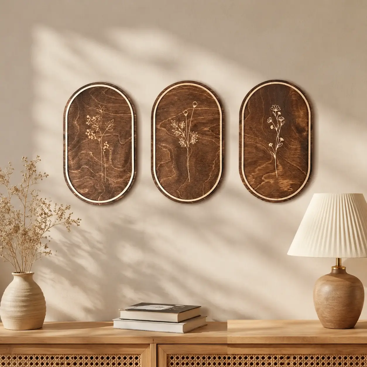 Rustic 3-Piece Wooden Wall Art Set - Oval Vintage Floral Line Drawing, Durable Artistic Decoration for Living Room, Bedroom, Room Decor, Living Room Decor