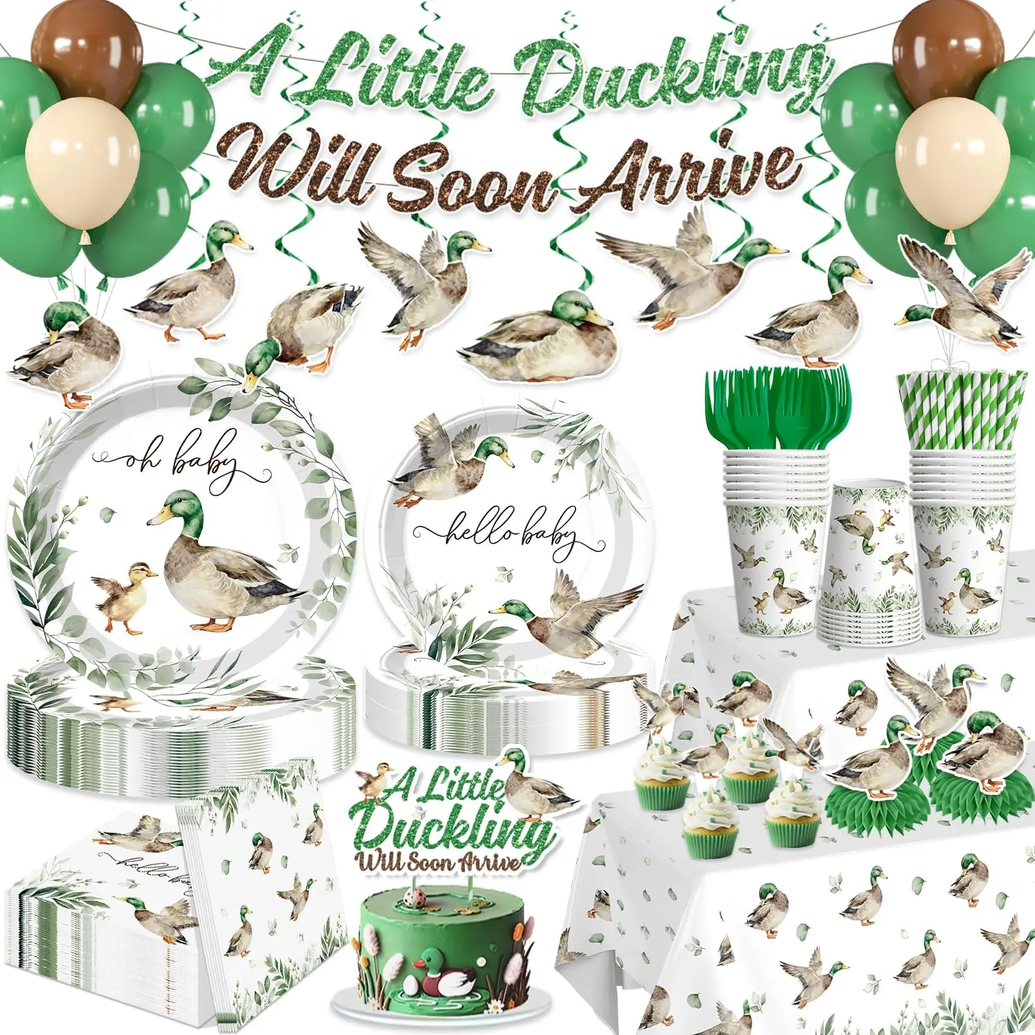 205 Pcs Mallard Duck Baby Shower Decorations, Mallard Duck Decor Set Serves 25 - Balloons, Banner, Cake Toppers, Plates, Napkins, Tablecloth for Mallard Duck Baby Shower Party Supplies