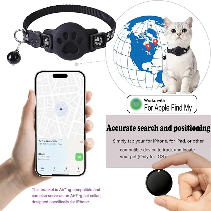 Cat tracking collar, mini cat GPS locator, intelligent pet activity tracker, cat collar with wireless tracker holder -suitable for iOS system (Find myApp) small pet cat detachable collar, precise search and positioning, lightweight reflective pet tracker