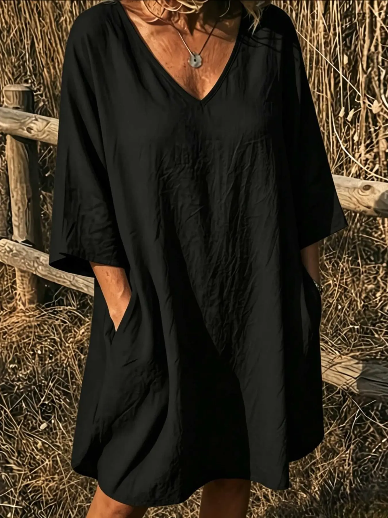 Elegant V-Neck Dress, Loose Long Sleeve with Large Pockets, Breathable Linen-Texture, Casual Summer Dress for Women, Comfortable and Stylish