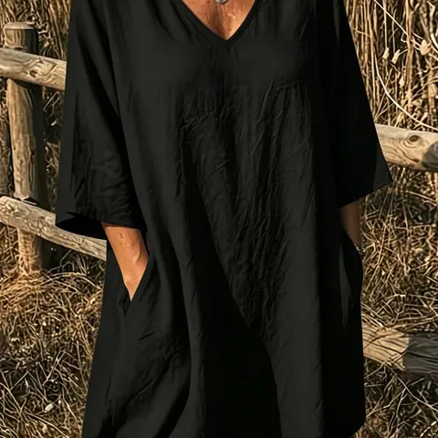 Elegant V-Neck Top, Loose Long Sleeve with Large Pockets, Breathable Linen Texture, Casual Summer Shirt for Women, Comfortable and Stylish, Casual Trendy Versatile