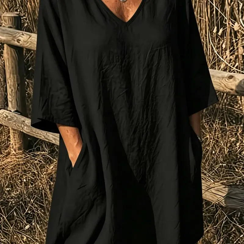 Elegant V-Neck Top, Loose Long Sleeve with Large Pockets, Breathable Linen Texture, Casual Summer Shirt for Women, Comfortable and Stylish, Casual Trendy Versatile