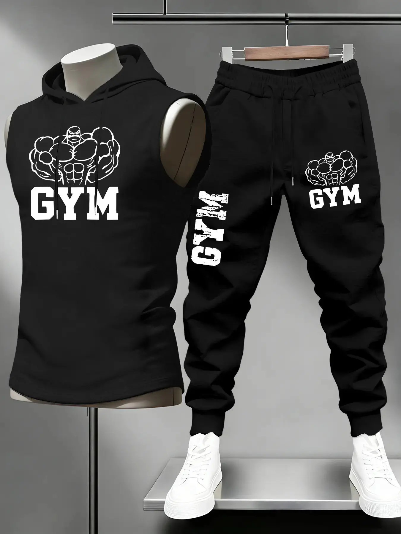 Men's GYM Graphic Sleeveless Hoodie Tracksuit 2Pcs | Athleisure Streetwear Lightweight Outdoor Jogger Set, Athletic Set, Multi-Wear Casual Workout Outfit for Fitness Daily Street Style Gym Set
