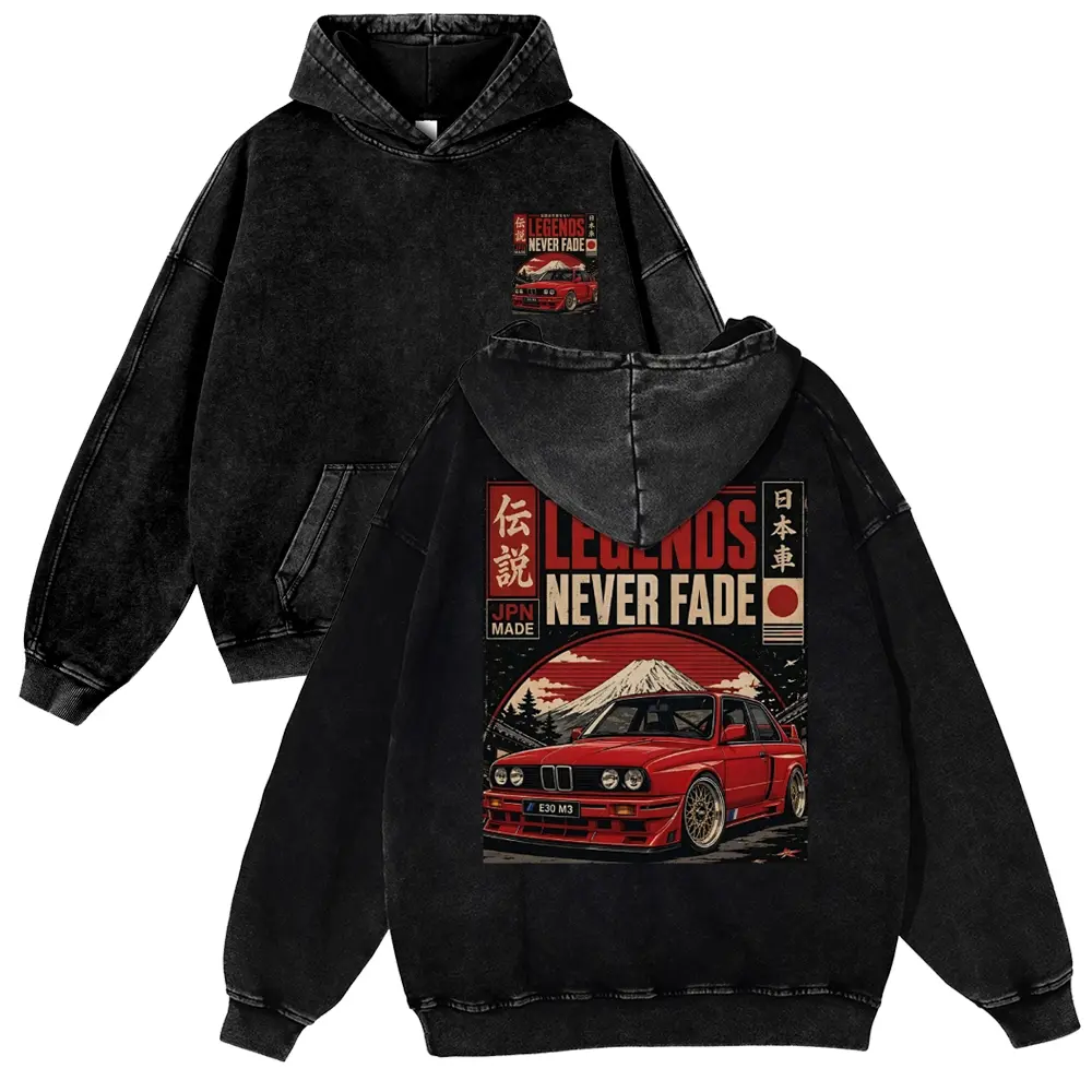 Retro Car Graphic Hoodie, Unisex Vintage Acid Wash Thick Cotton Blend Streetwear, Super Soft & Pre-Shrunk, Fabric, Fit, Long Sleeve, Casual, Tops