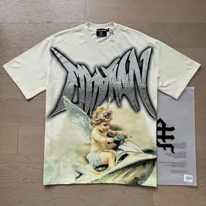 MIXED EMOTION Diamond Angel Graphic Tee, Vintage Washed Oversized Streetwear T-Shirt, 2026 Summer Y2K Hip Hop Cotton Top