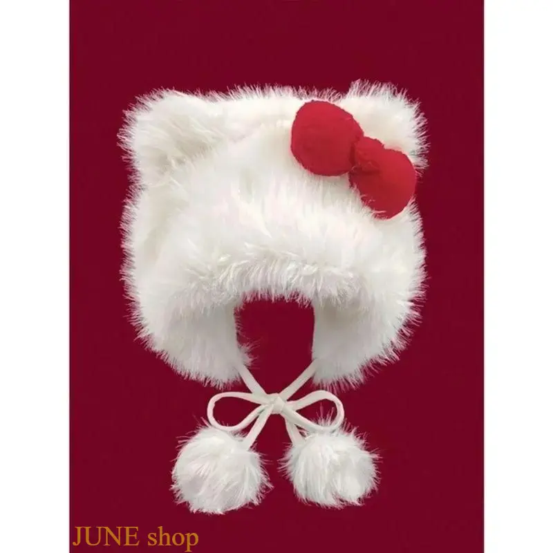 Women’s One-Size Acrylic Plush Cat Ear Hat - Pom Pom & Bowknot Details, Loose Soft Thermal Headwear, Hat Shape for Fall Winter Cold Weather, Outdoor Sports & Daily Casual, Teenage Girl Gifts
