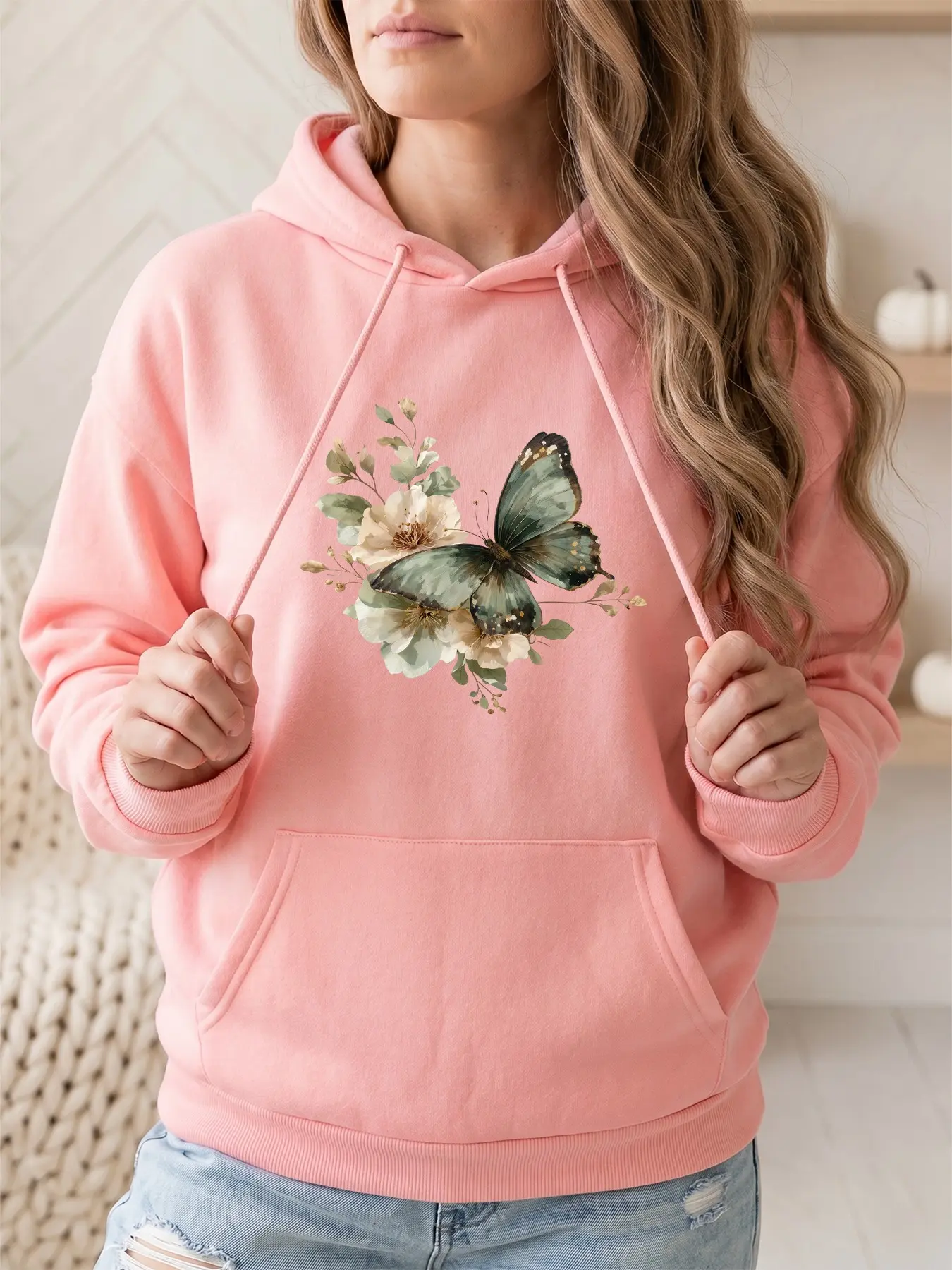 Women's Hooded Sweatshirt with Butterfly and Flower Print, Kangaroo Pocket Long Sleeve, Casual Fall & Winter Fashion