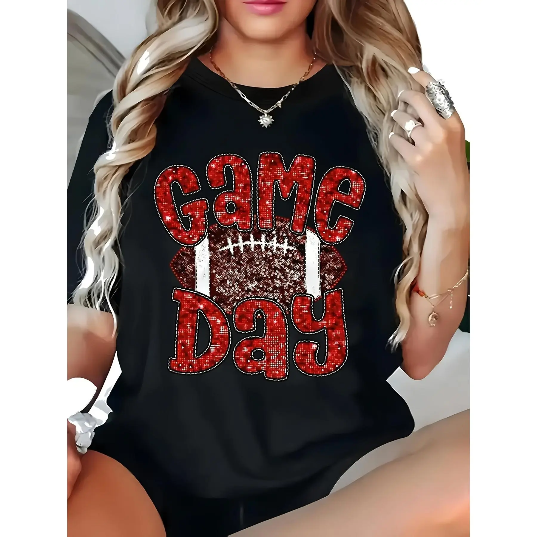 Women's Game Day Glitter Pattern T Shirt Black with Red and White Leopard Print Football Design Sequin Letter Print Loose All Season Casual Outfit Football Party Wear Machine, Festive Holiday Party Outfit for Adults, Seasonal Celebration Wear