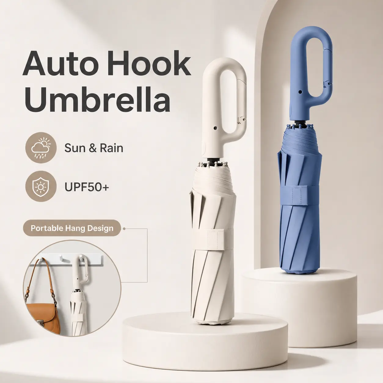 3-Fold Compact Auto Open-Close Loop Handle Foldable Handheld Umbrella - UV-Coated Fabric UV-Treated, Windproof Reinforced, Sun Protection Accessory for Men, Daily Travel Outdoor Use