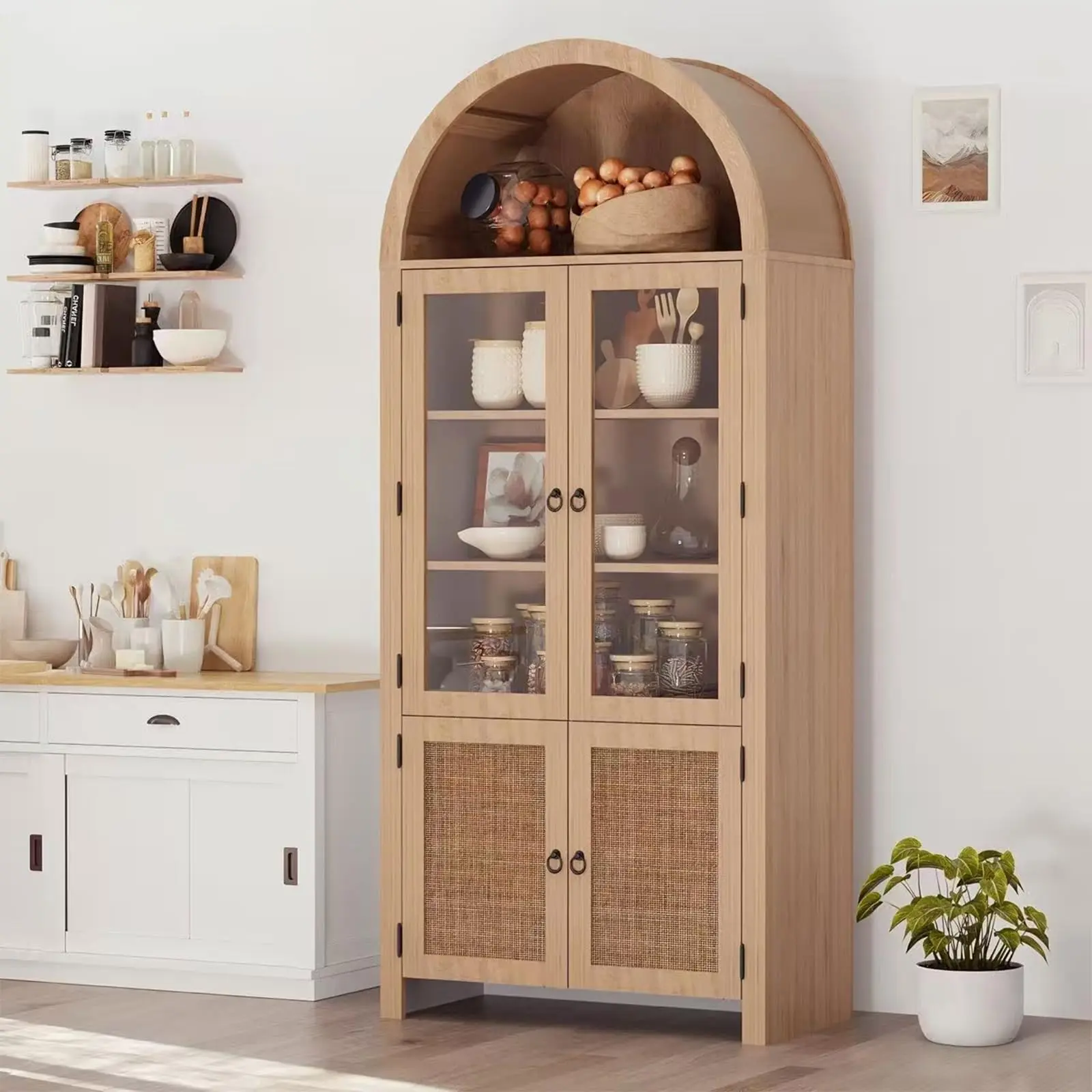 71" Modern Display Cabinet, 6-Tier Wood Bookshelf, Arched Bookcase w/ Glass Doors & Rattan Storage & Adjustable Shelves for Home Office & Living Room