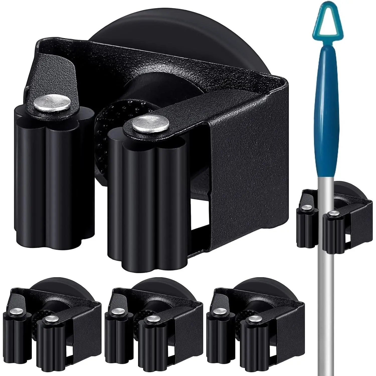 4 Pcs Magnetic Broom Holder Wall Mounted Anti Slip Rack,Black | Movable Magnetic Organizer for Mops Brooms, Dual Roller Grip, Wall Storage for Garage Kitchen Laundry Garden Tools