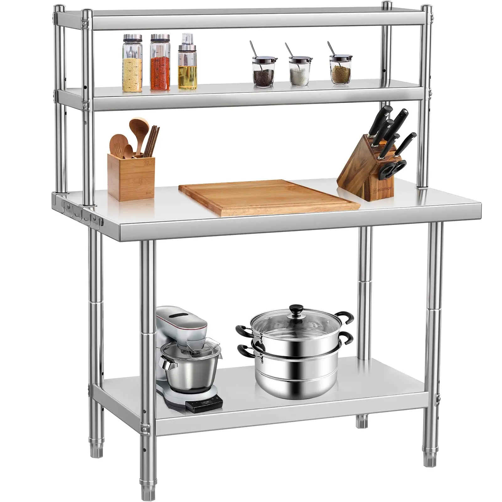 GARVEE Commercial Stainless Steel Kitchen Work Table - Solid Surface, Rectangular, Single Unit, Steel Legs, 3 Adjustable Shelves, Removable Hooks, 662kg Load Capacity for Kitchen, Restaurant Use