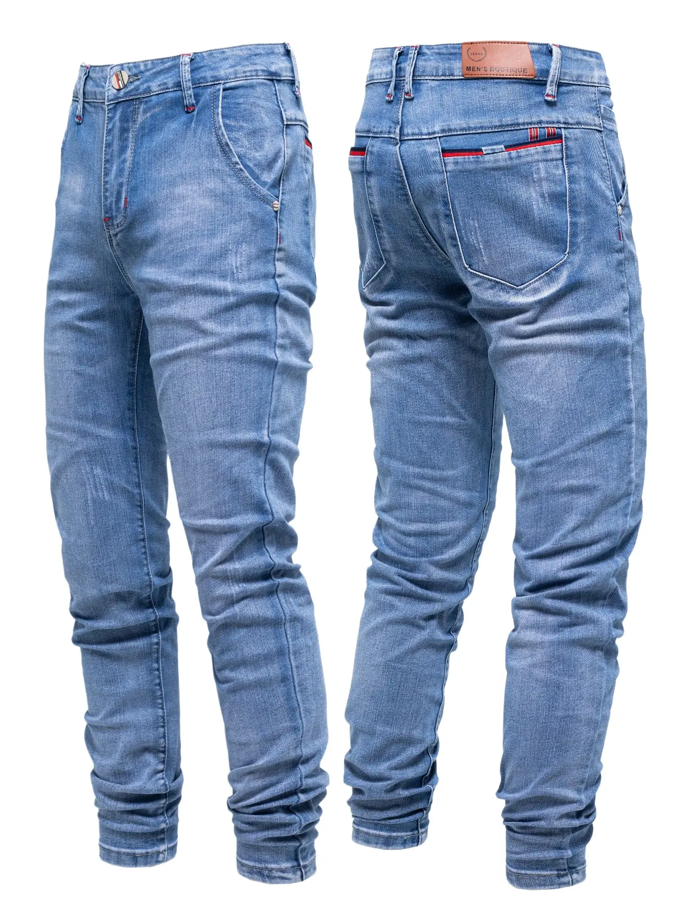 Men's Blue Washed Slim Fit Stretch Tight Jeans, Contrast Stitching, Faded Bearded Look, Casual Daily Streetwear, Long Pants, Fitted Casual Jeans